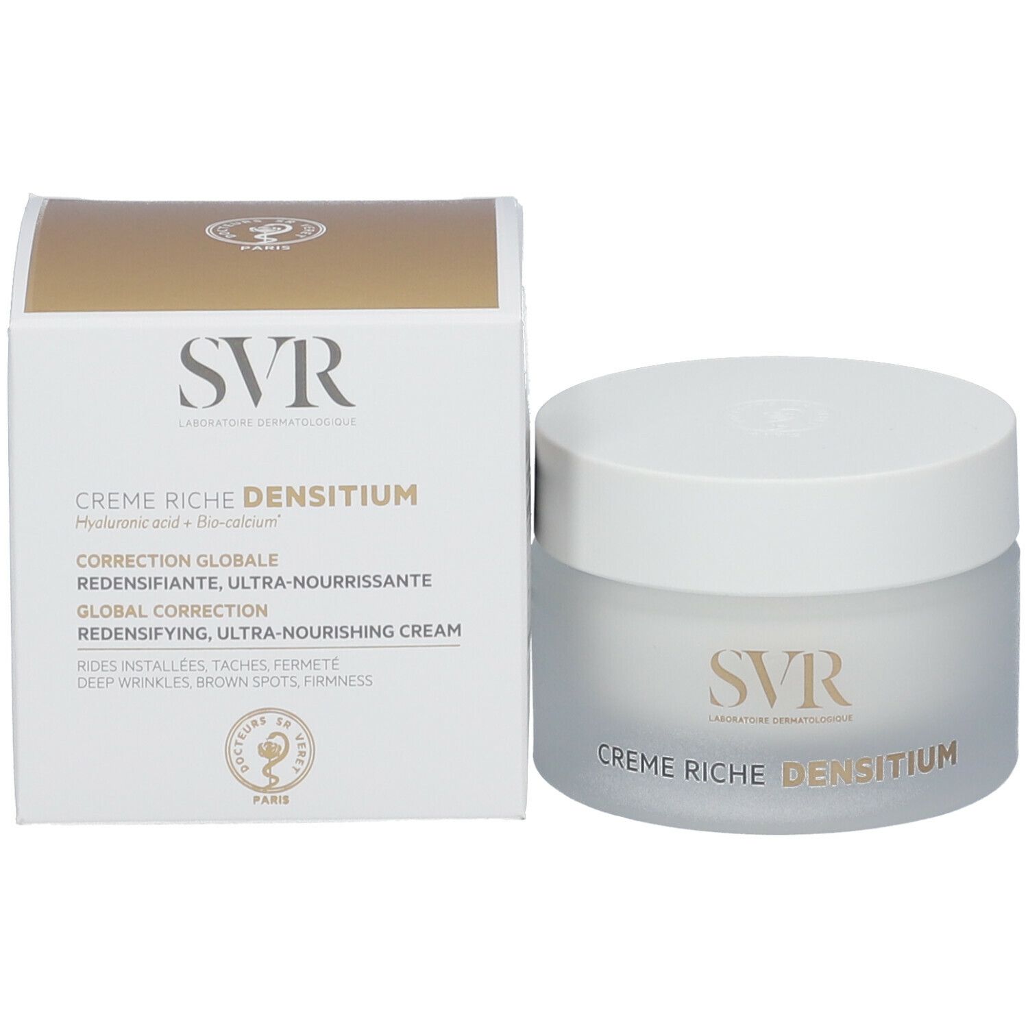 Crèmepot en verpakking. Op de verpakking staat "SVR" en "Crème Riche DENSITIUM".