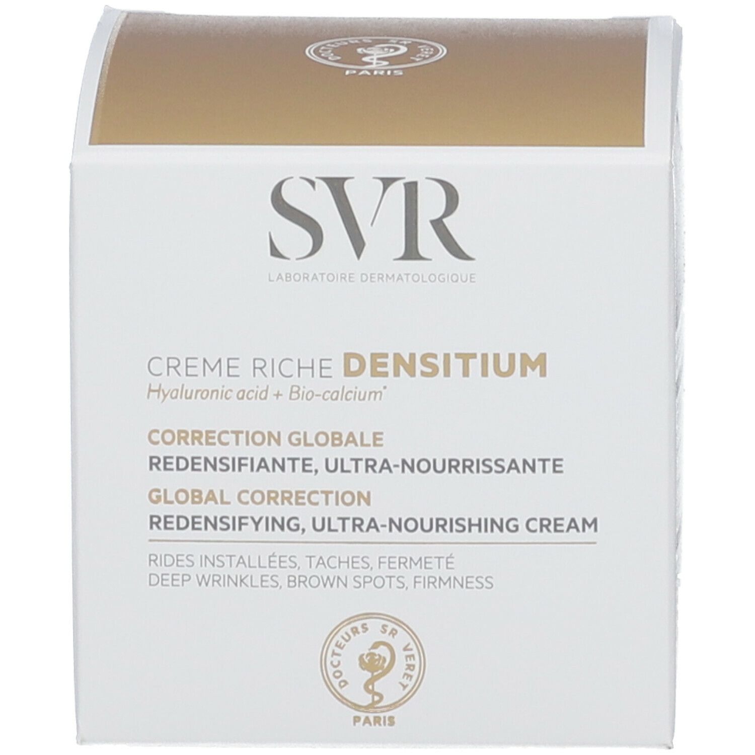 Verpakking met productinformatie. Op de verpakking staat "SVR" en "Crème Riche DENSITIUM".