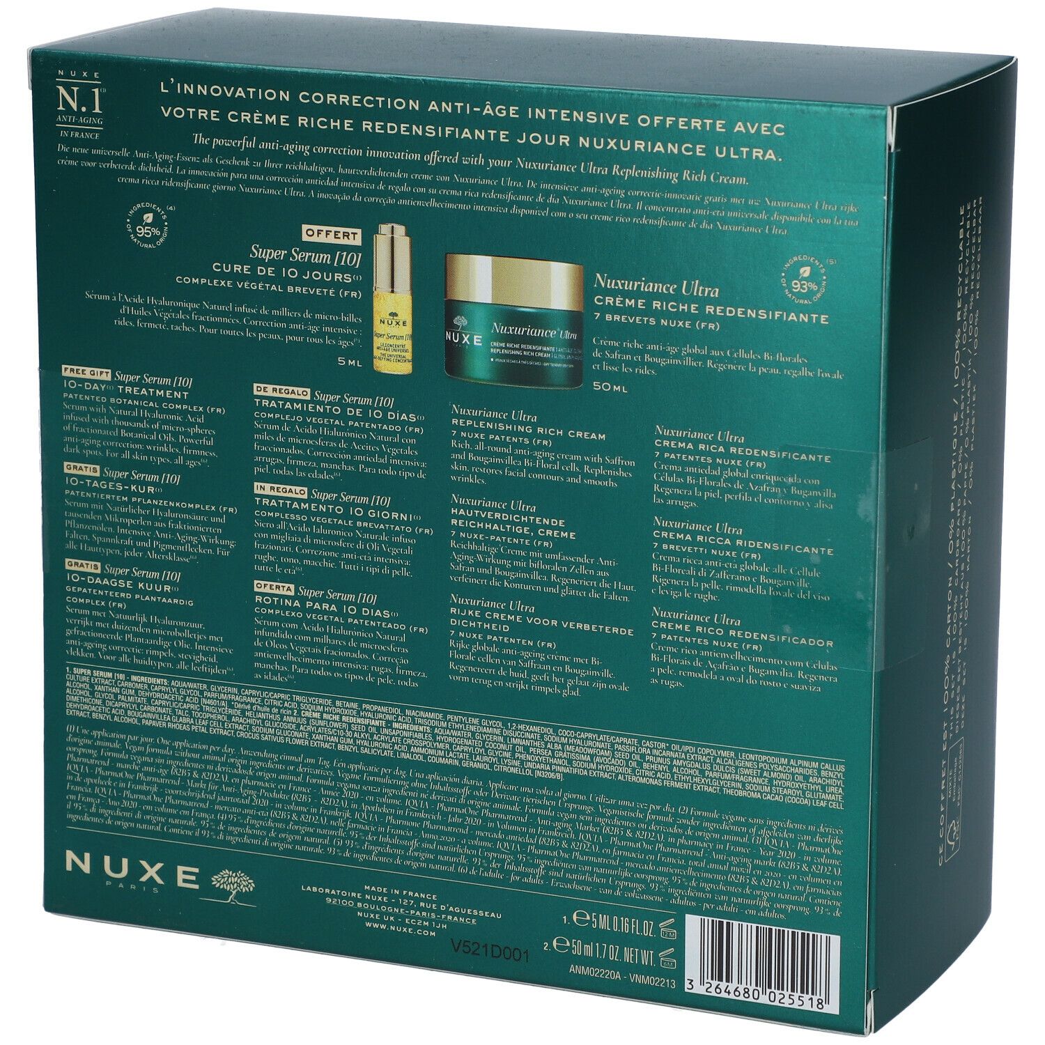 Dos de la boîte verte. Texte: Crème Nuxuriance Ultra, Super Sérum [10]. Ingrédients, informations.
