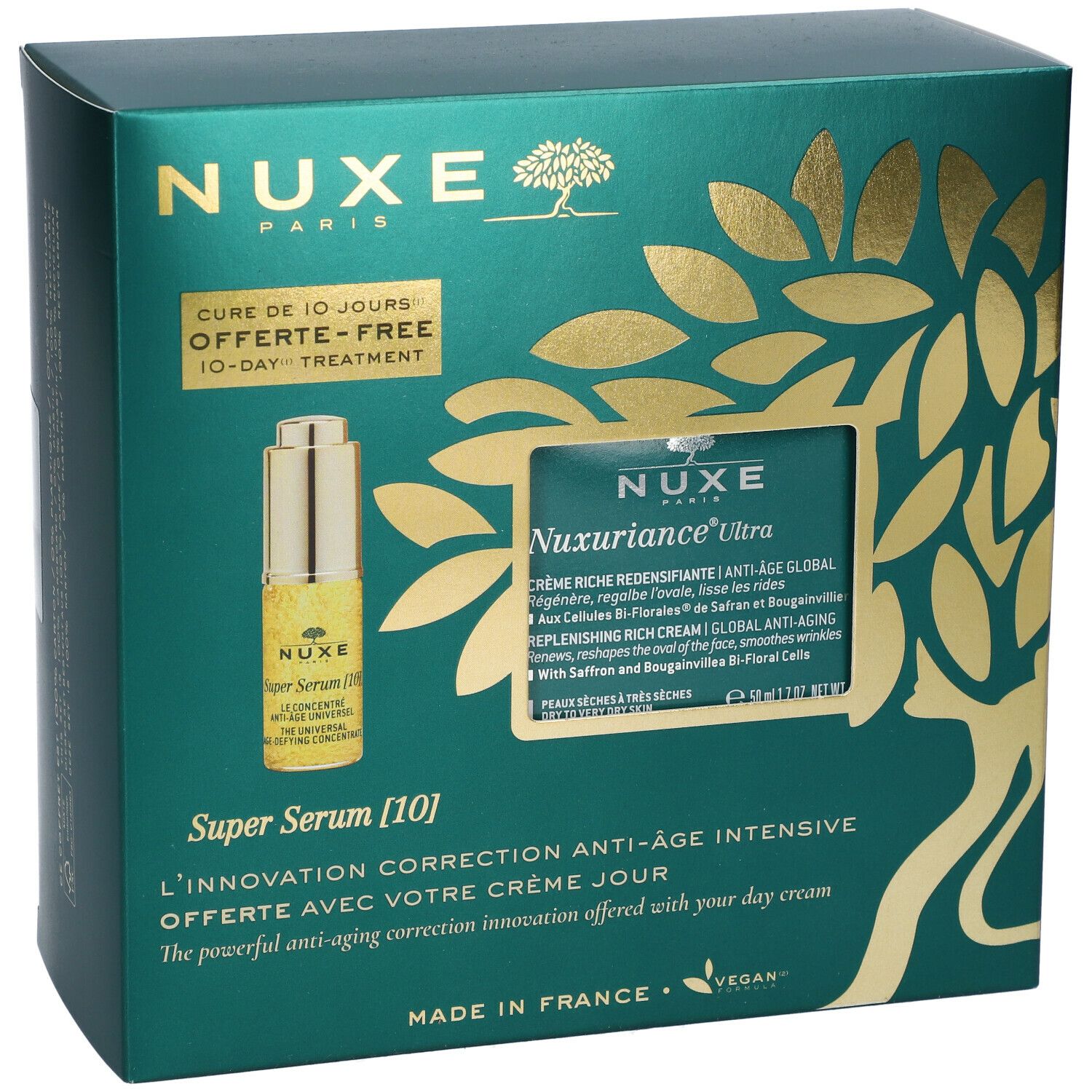 Boîte verte NUXE. Contient Super Sérum [10] et Crème Nuxuriance Ultra. Texte: Cure 10 jours, vegan.
