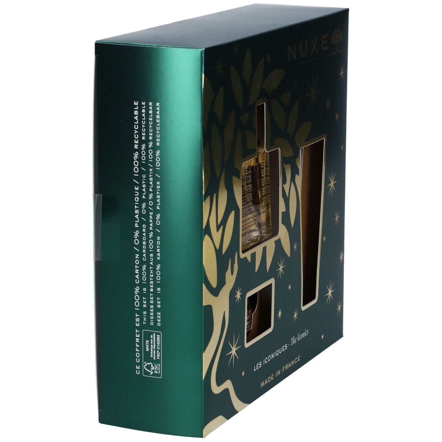 Coffret cadeau vert, vue latérale oblique. Découpes pour produits visibles. Texte : Nuxe, Les Iconiques, 100% recyclable.