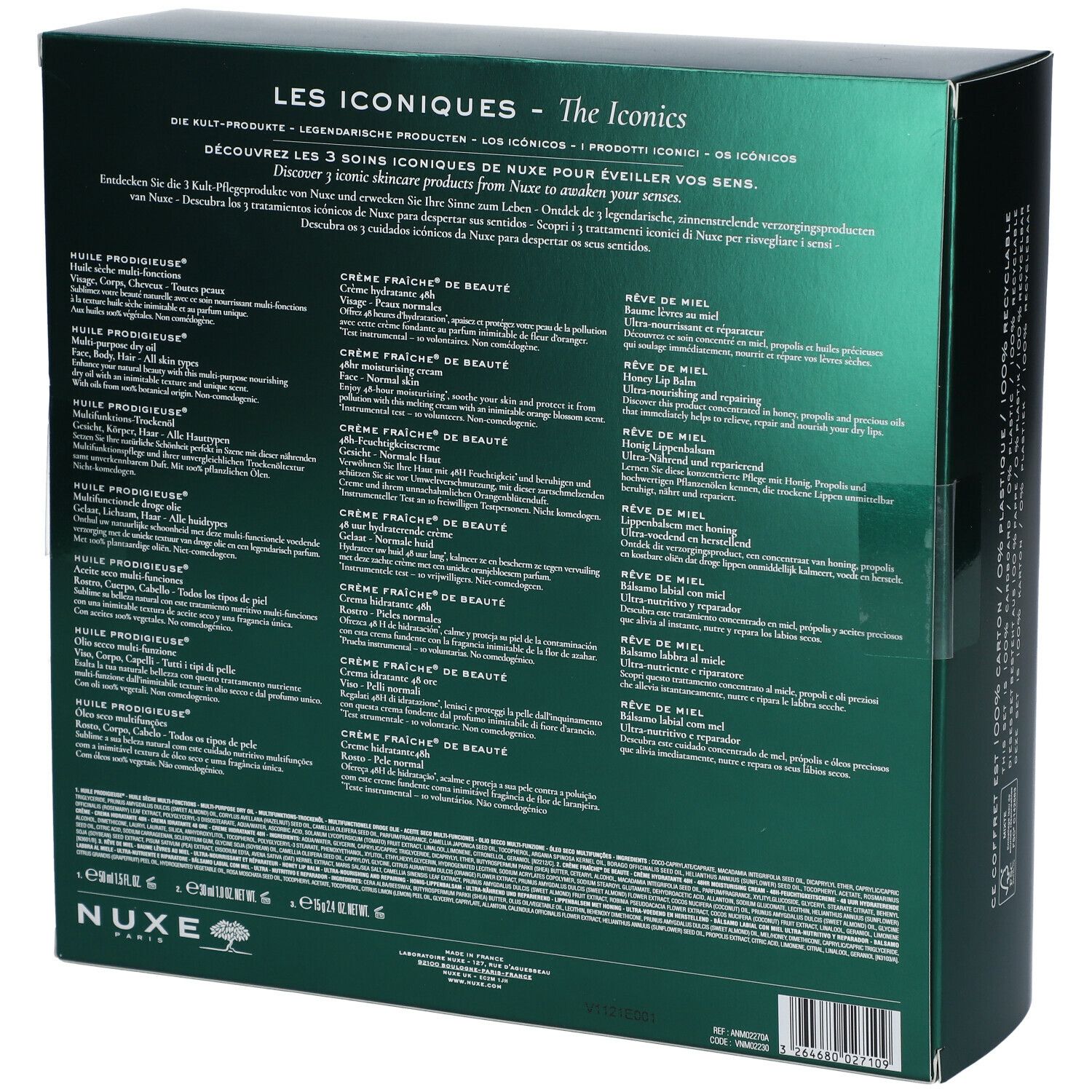 Dos du coffret cadeau vert. Texte multilingue. Noms et descriptions des produits. Logo Nuxe et informations.