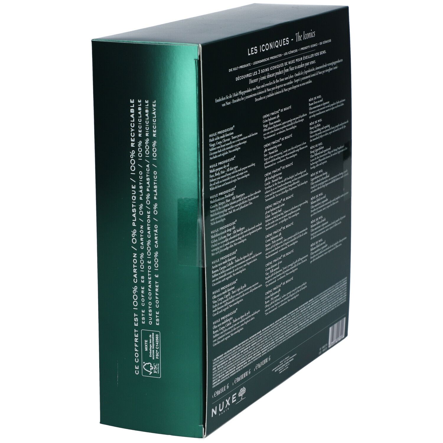 Coffret cadeau vert, vue arrière oblique. Texte : Les Iconiques, Nuxe, 100% recyclable. Informations et logo.