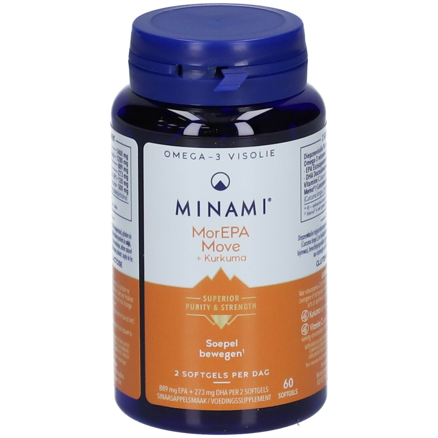 Blauwe fles met capsules. Opschrift: MINAMI MorEPA Move + Curcuma. 60 softgels. Omega-3 Visolie.
