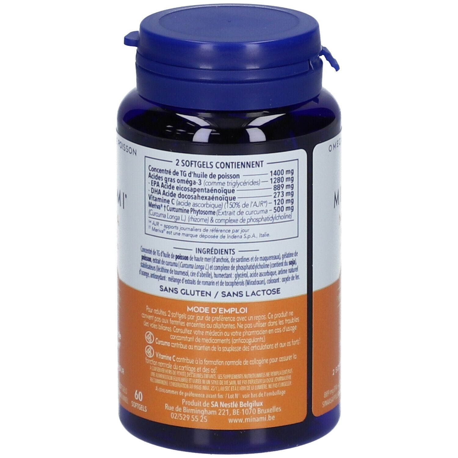 Achterkant blauwe fles. Ingrediënten en voedingswaarde. Glutenvrij, lactosevrij.