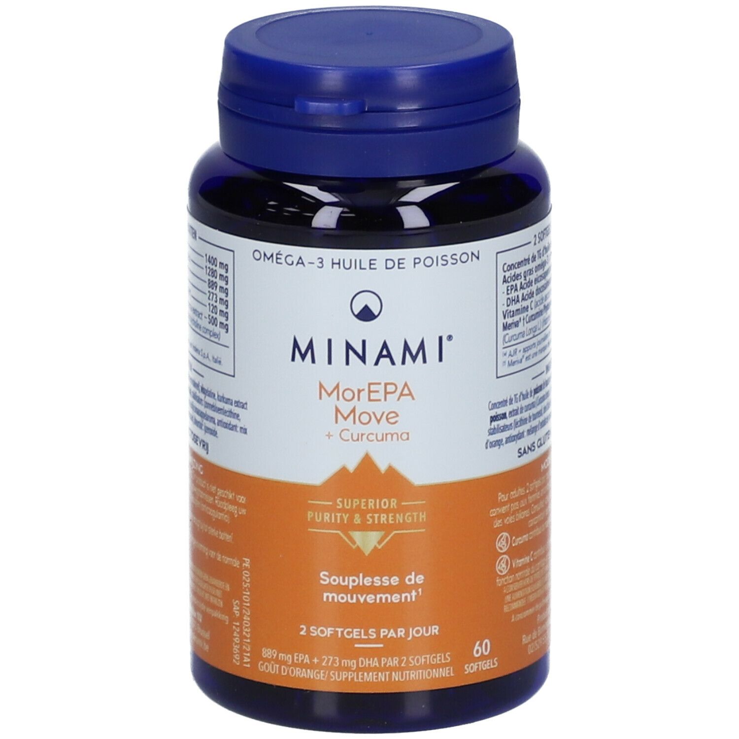 Blauwe fles met capsules. Opschrift: MINAMI MorEPA Move + Curcuma. 60 softgels. Omega-3 Visolie.