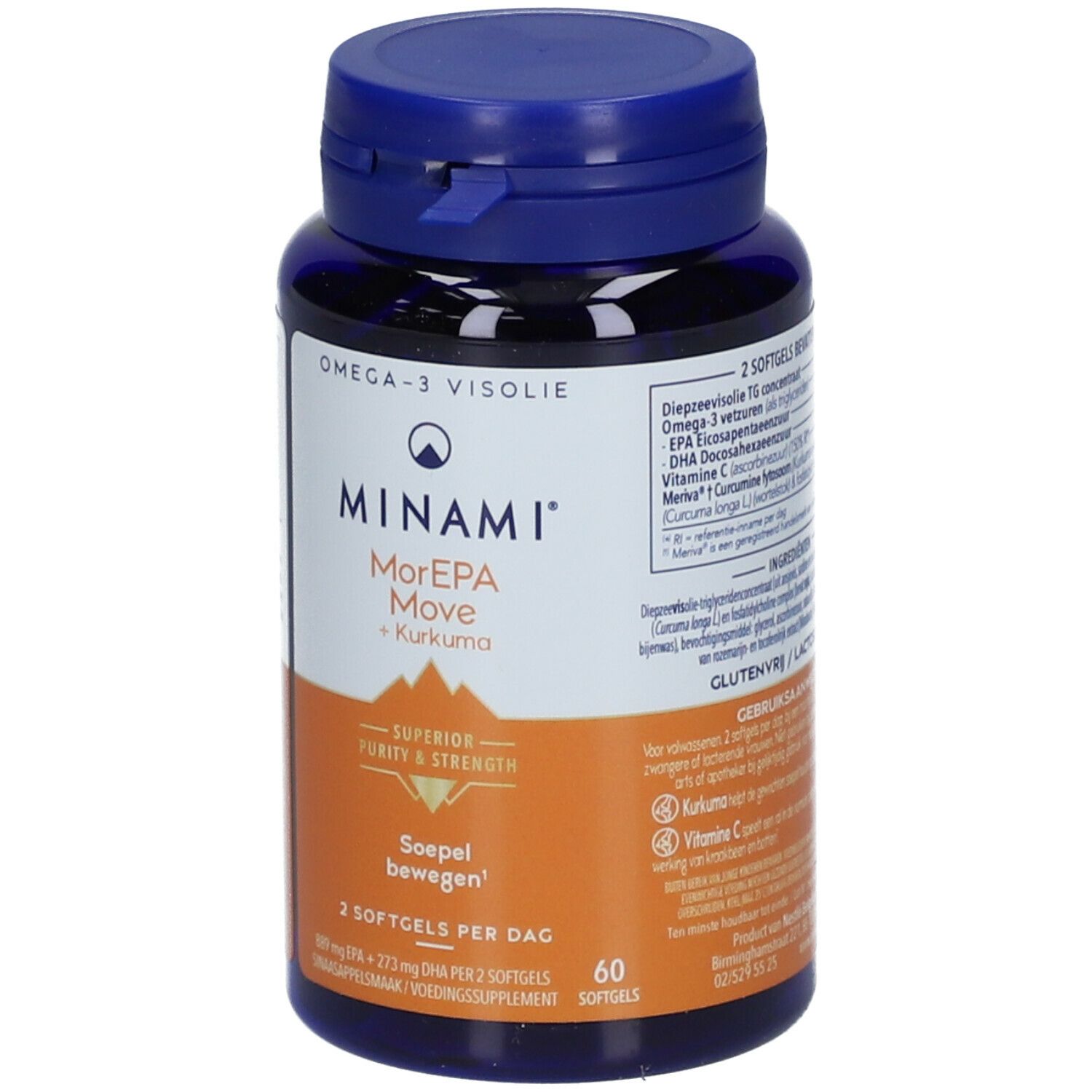 Blauwe fles met capsules. Opschrift: MINAMI MorEPA Move + Curcuma. 60 softgels. Omega-3 Visolie.