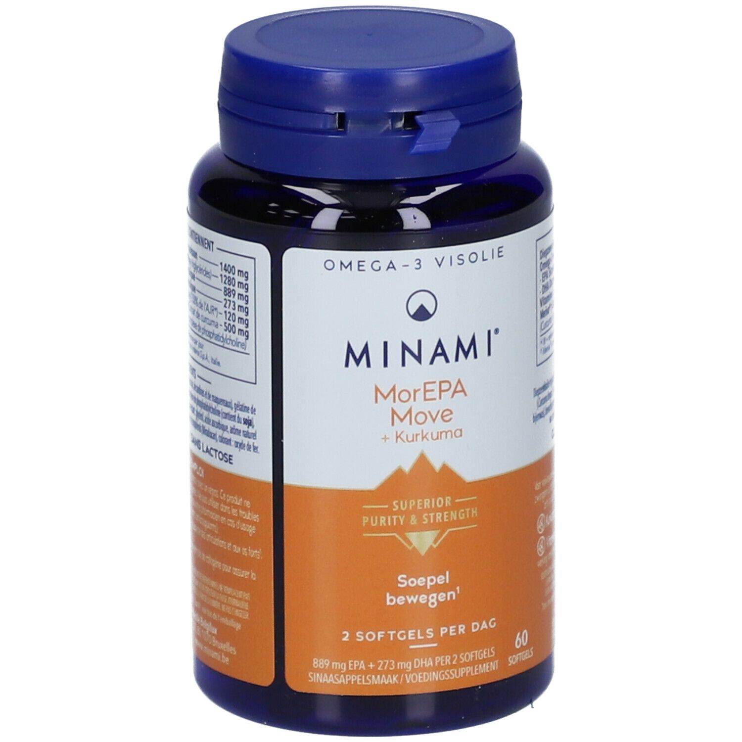 Blauwe fles met capsules. Opschrift: MINAMI MorEPA Move + Curcuma. 60 softgels. Omega-3 Visolie.