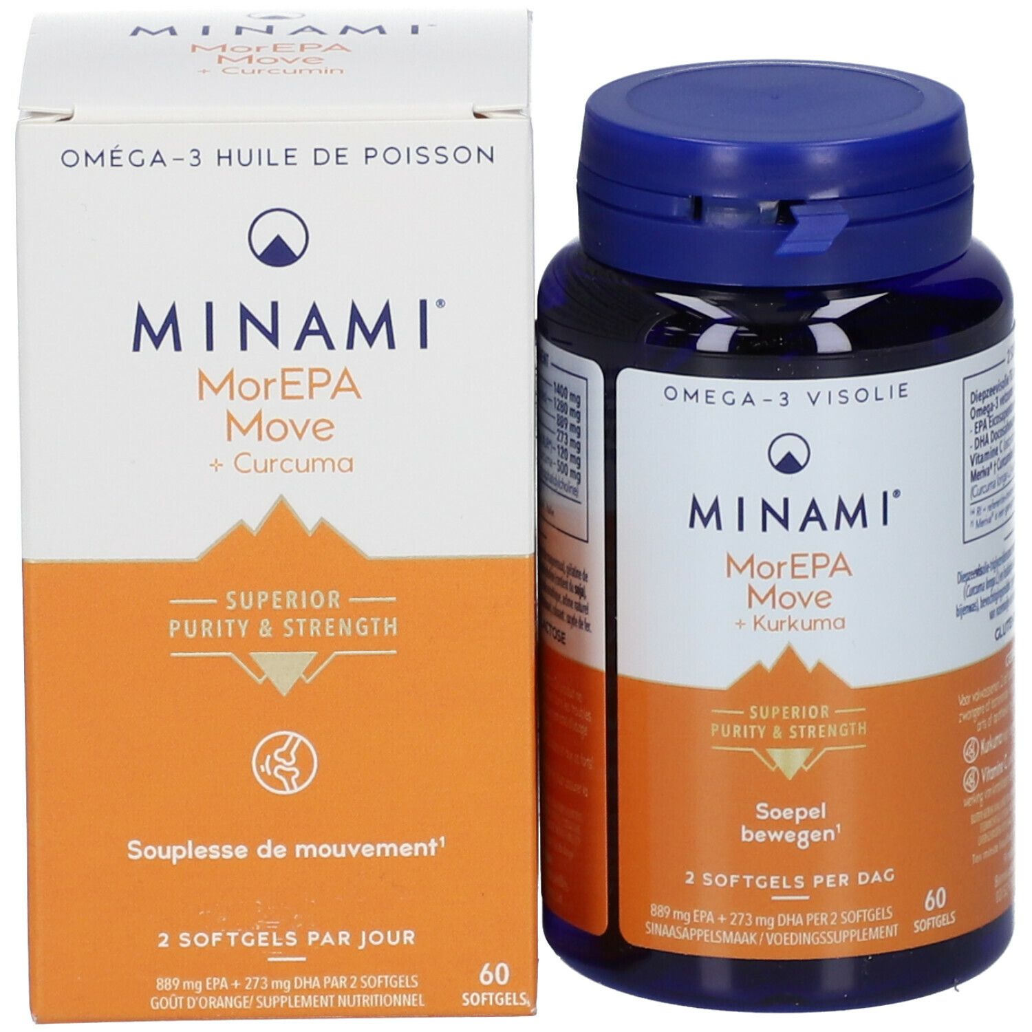 Verpakking en fles. Opschrift: MINAMI MorEPA Move + Curcuma. 60 softgels. Omega-3 Visolie.