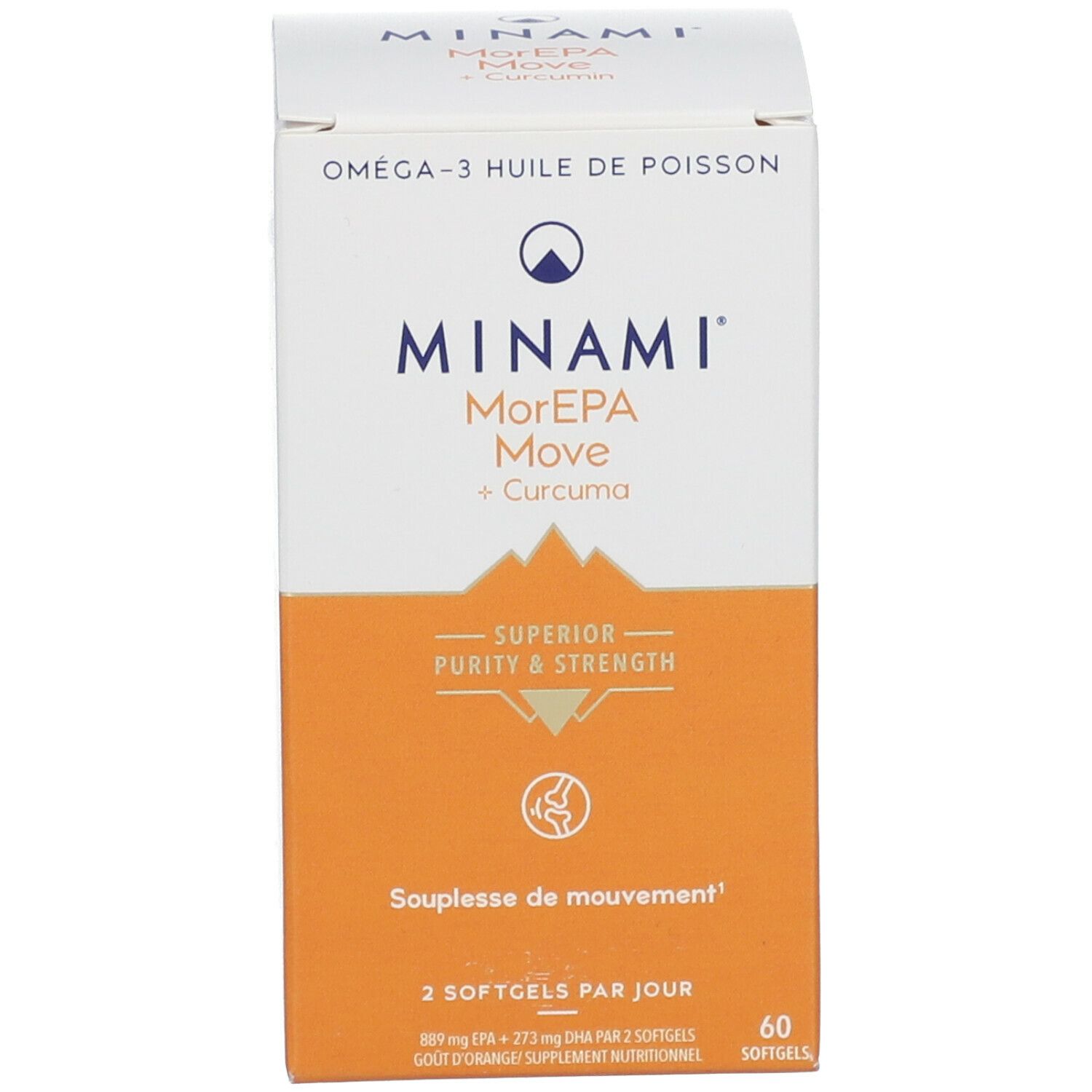 Productverpakking. Opschrift: MINAMI MorEPA Move + Curcuma. 60 softgels. Omega-3 Visolie.