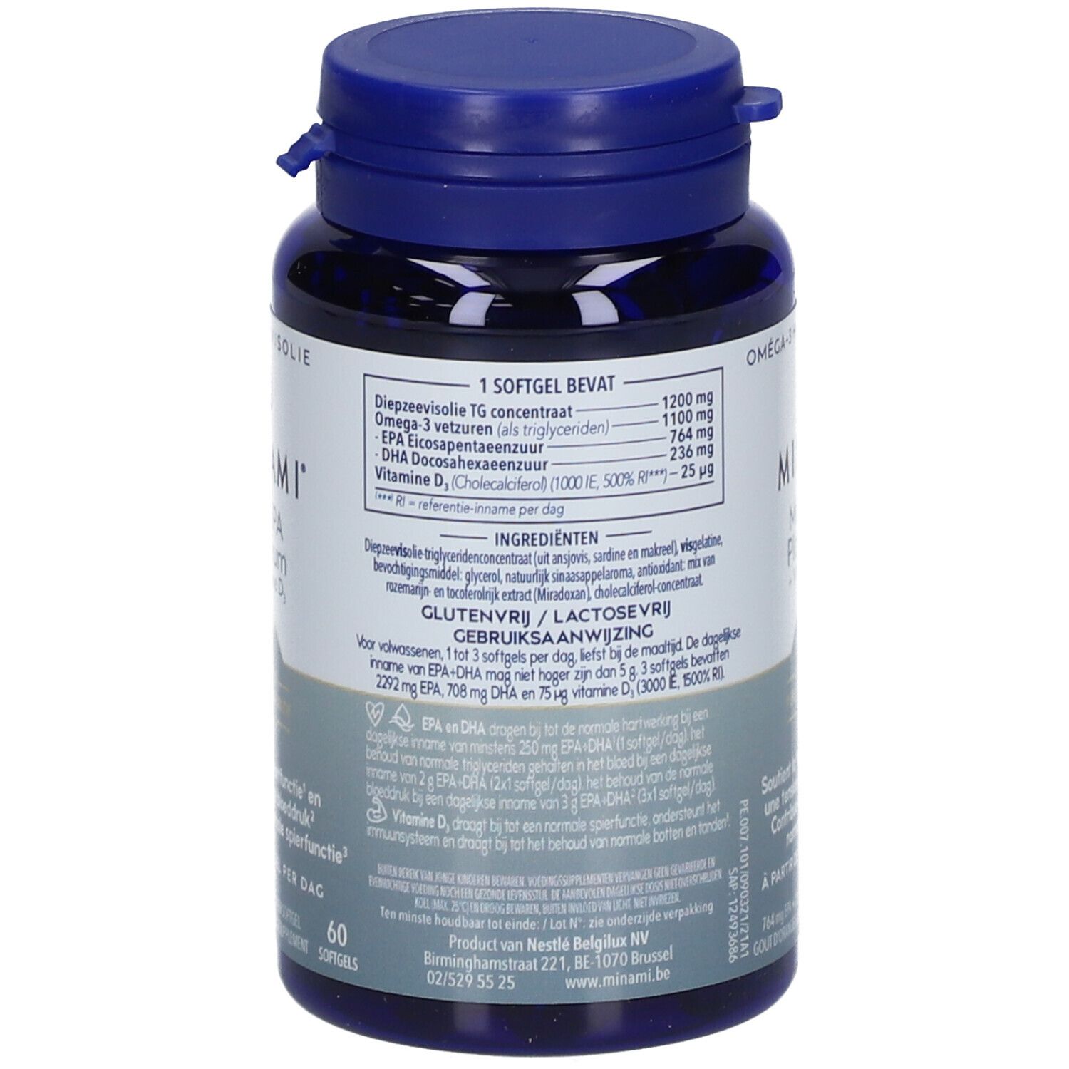 Achterkant van de blauwe fles. Bevat informatie over ingrediënten en voedingswaarden. Glutenvrij en lactosevrij.