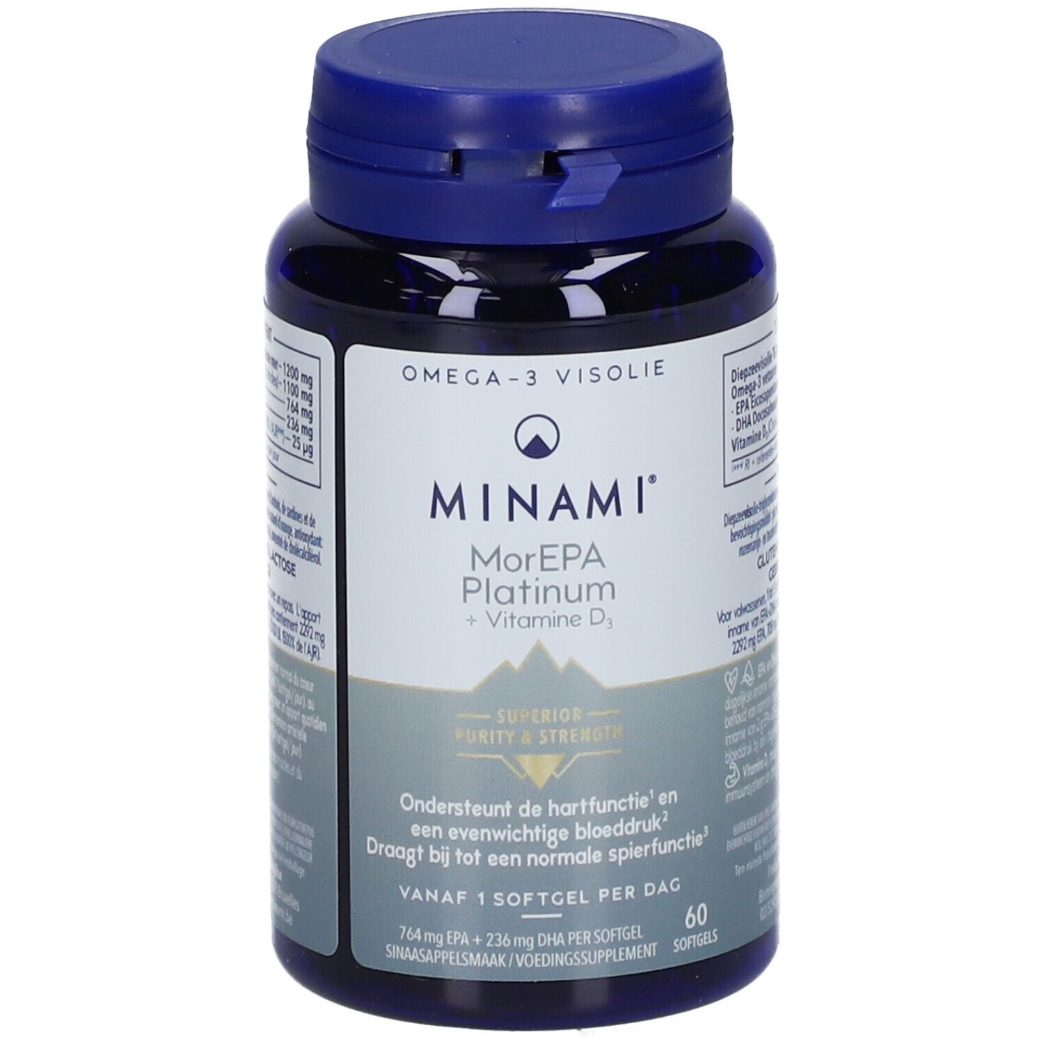 Blauwe fles met capsules. Opschrift: MINAMI MorEPA Platinum + Vitamine D3. 60 softgels.