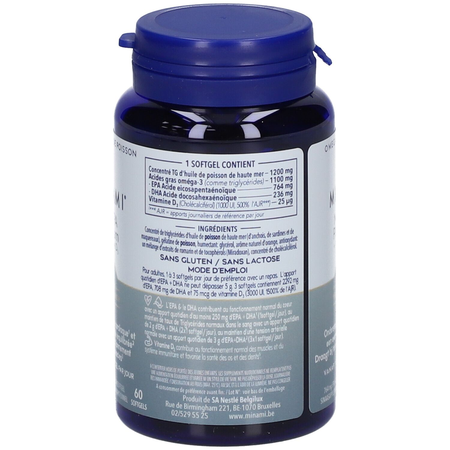 Achterkant van de blauwe fles. Bevat informatie over ingrediënten en voedingswaarden. Glutenvrij en lactosevrij.