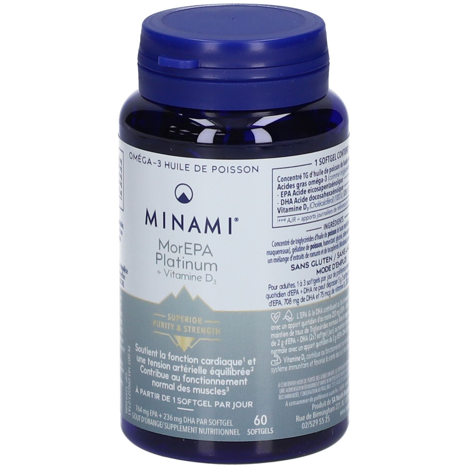 Blauwe fles met capsules. Opschrift: MINAMI MorEPA Platinum + Vitamine D3. 60 softgels.