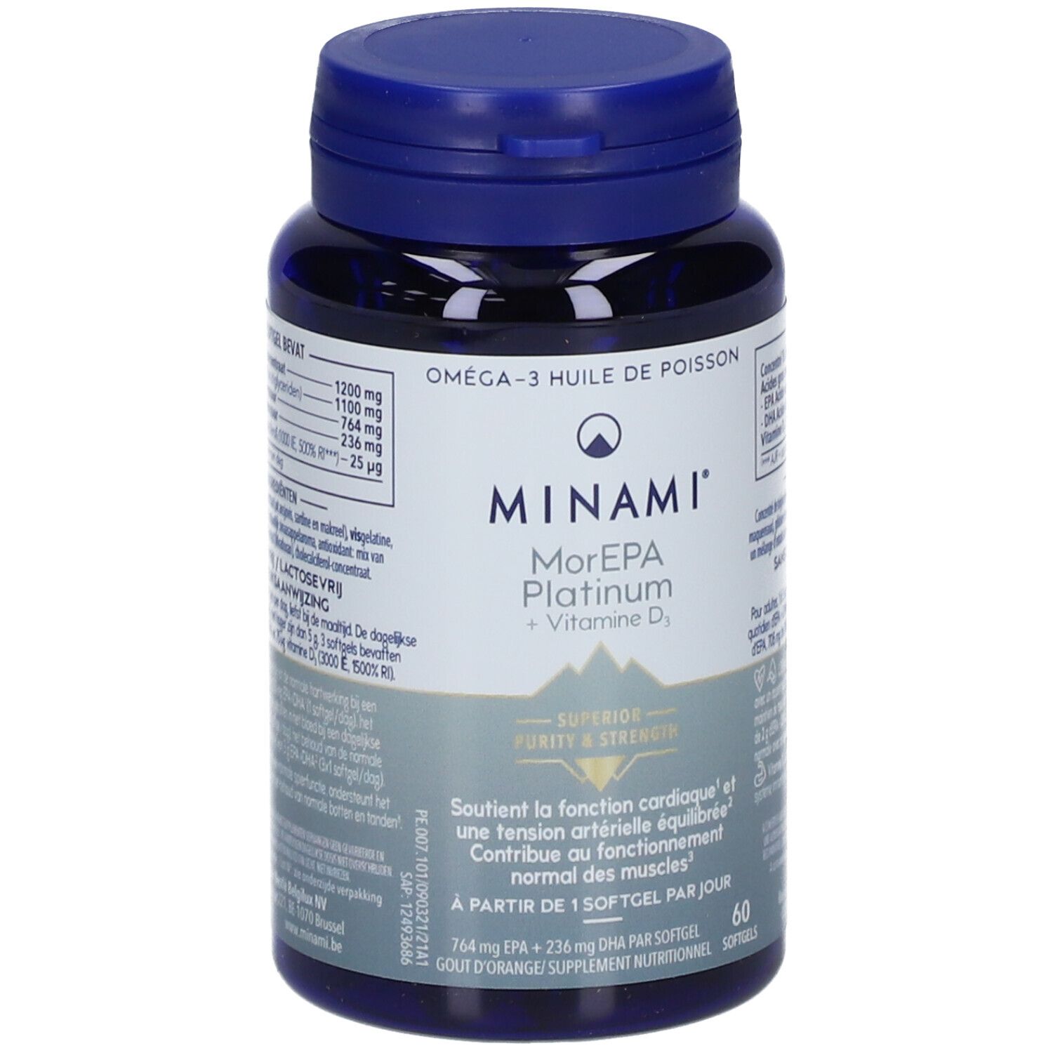 Blauwe fles met capsules. Opschrift: MINAMI MorEPA Platinum + Vitamine D3. 60 softgels.