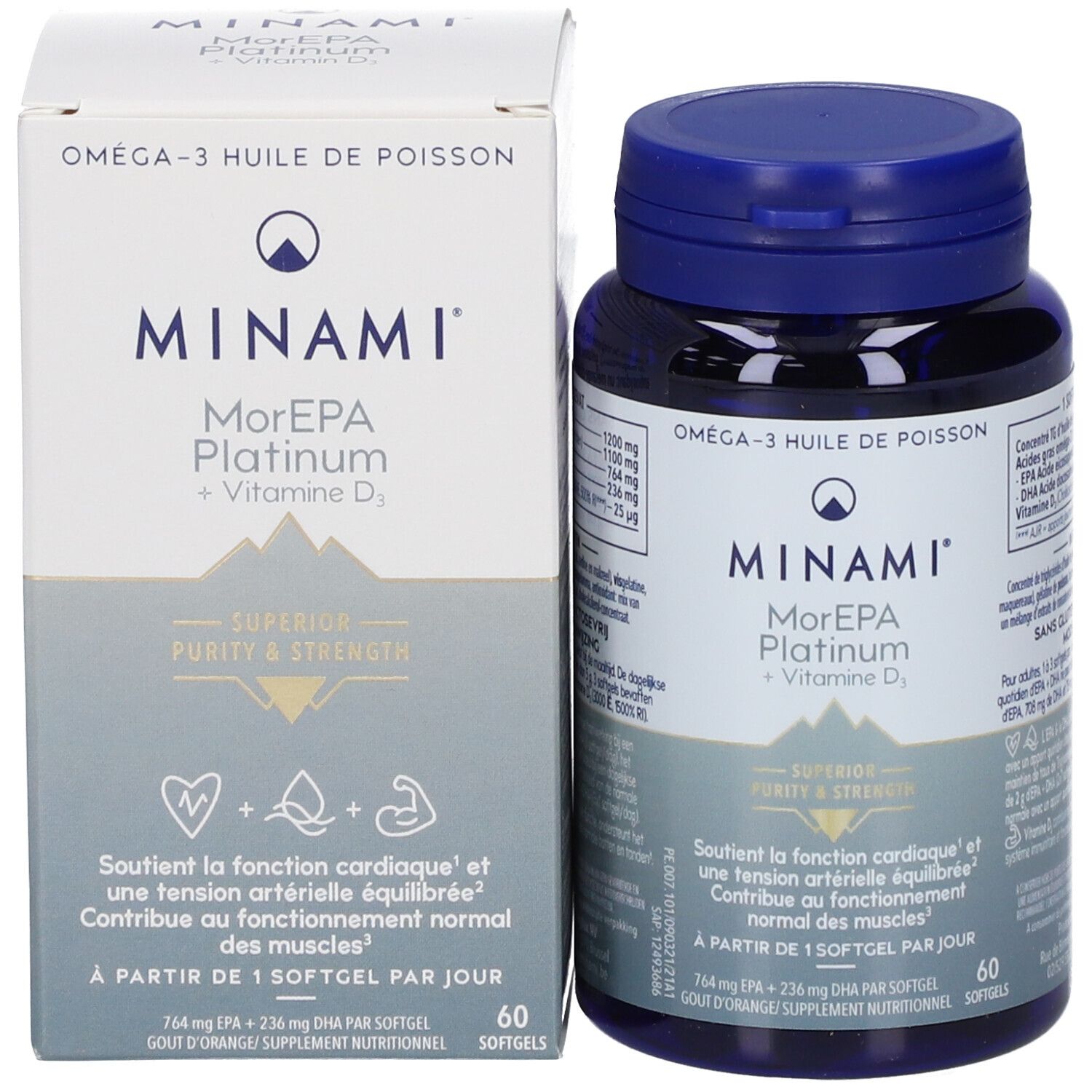 Productverpakking: fles en doos. Opschrift: MINAMI MorEPA Platinum + Vitamine D3. 60 softgels.