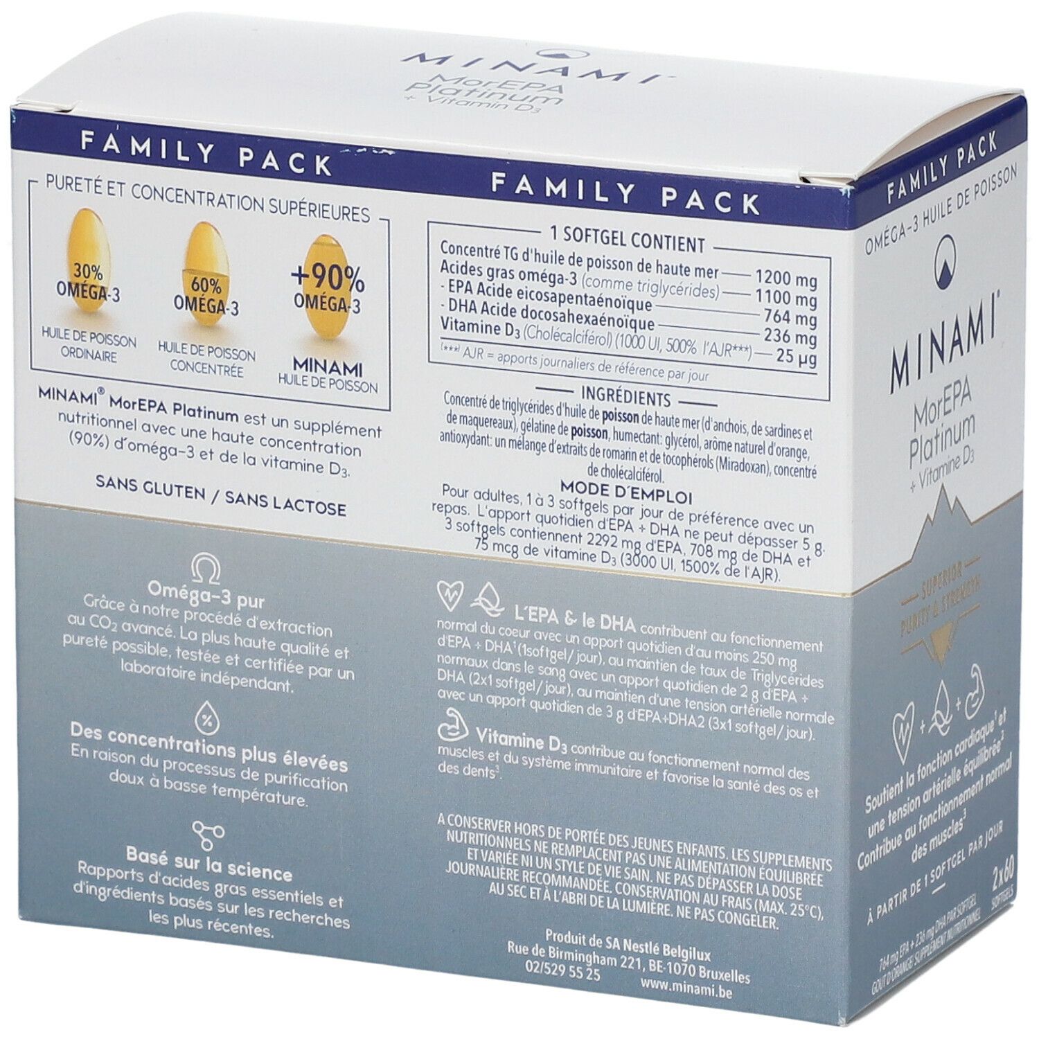 Doos van Minami® MorEPA Platinum + Vitamine D3. Bevat informatie over ingrediënten en voedingswaarden.
