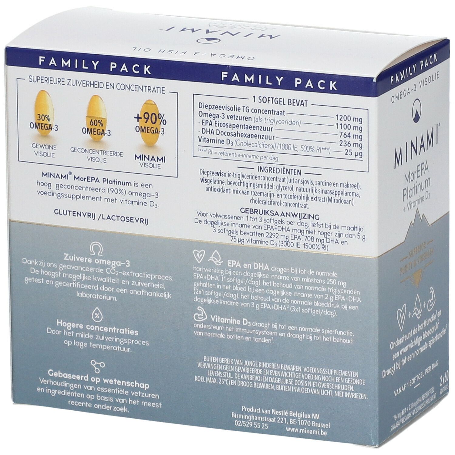 Achterkant van de verpakking van Minami® MorEPA Platinum + Vitamine D3. Bevat informatie over ingrediënten en gebruik.
