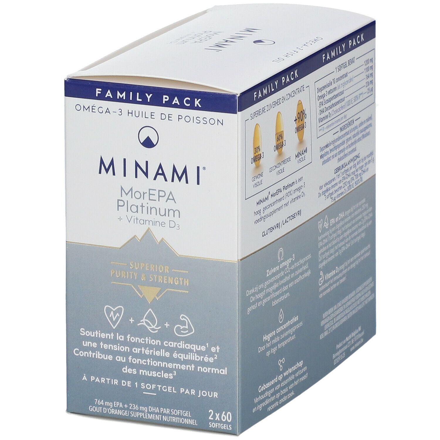 Verpakking van Minami® MorEPA Platinum + Vitamine D3. Bevat informatie over ingrediënten en voedingswaarden.