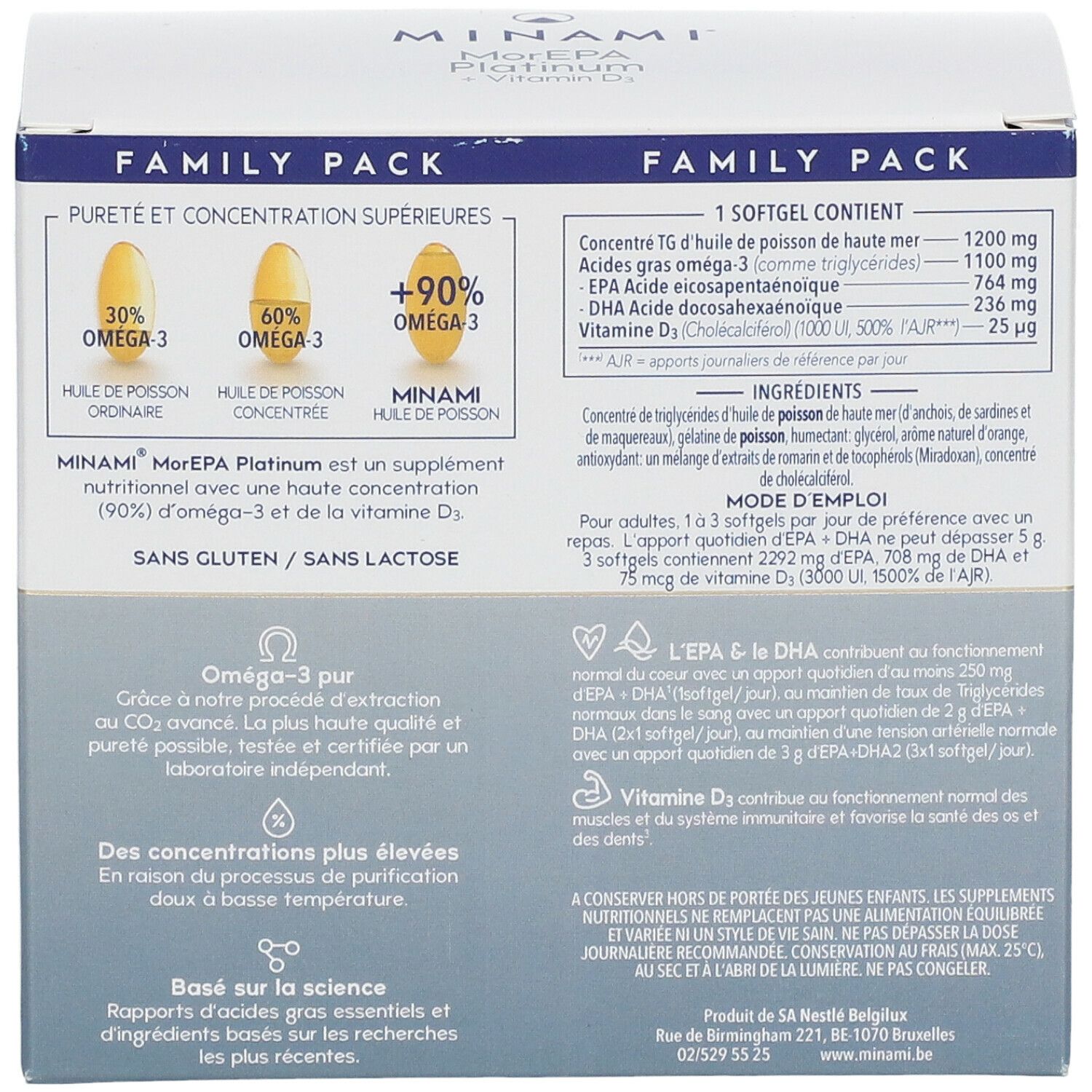 Doos van Minami® MorEPA Platinum + Vitamine D3. Bevat informatie over ingrediënten en voedingswaarden.
