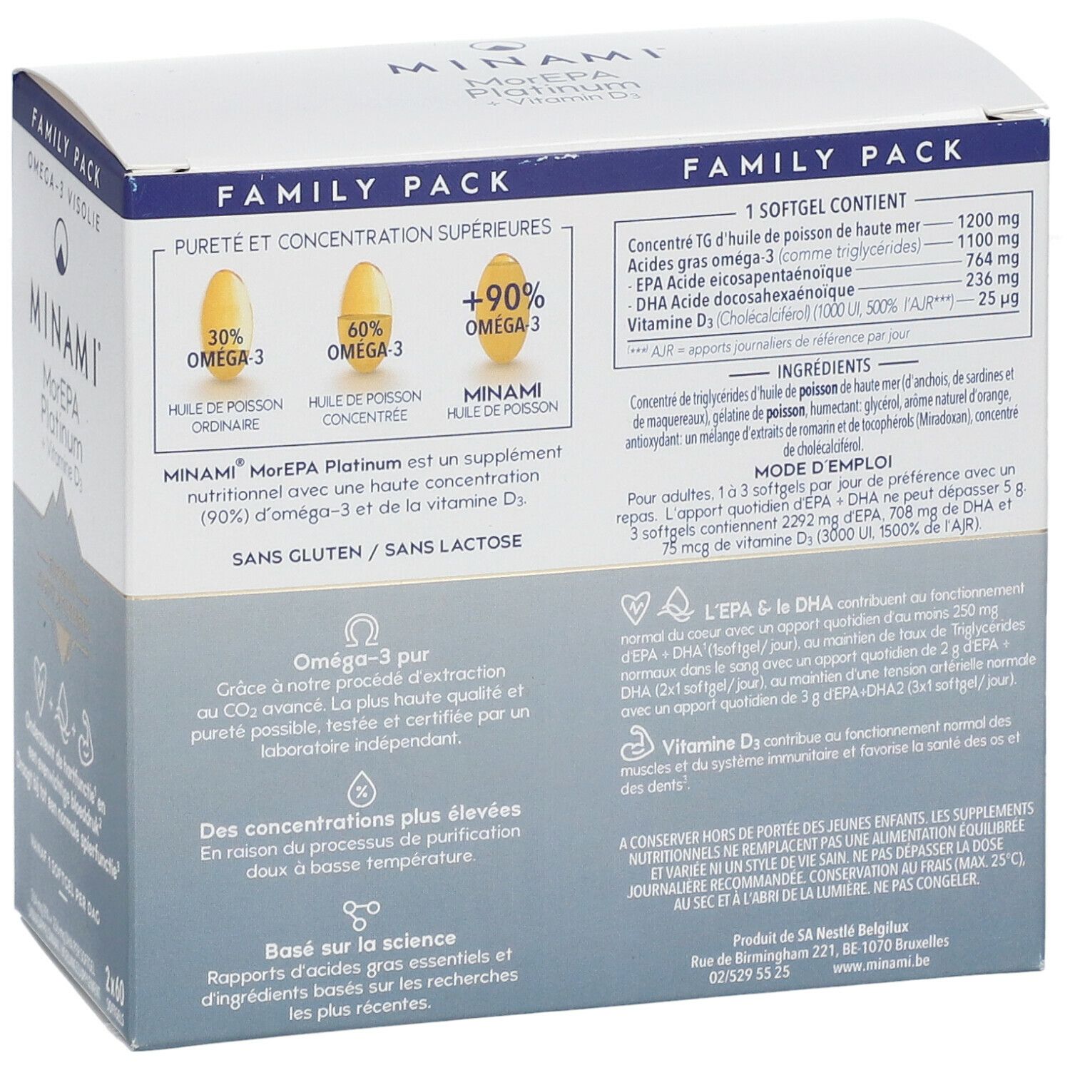 Doos van Minami® MorEPA Platinum + Vitamine D3. Bevat informatie over ingrediënten en voedingswaarden.