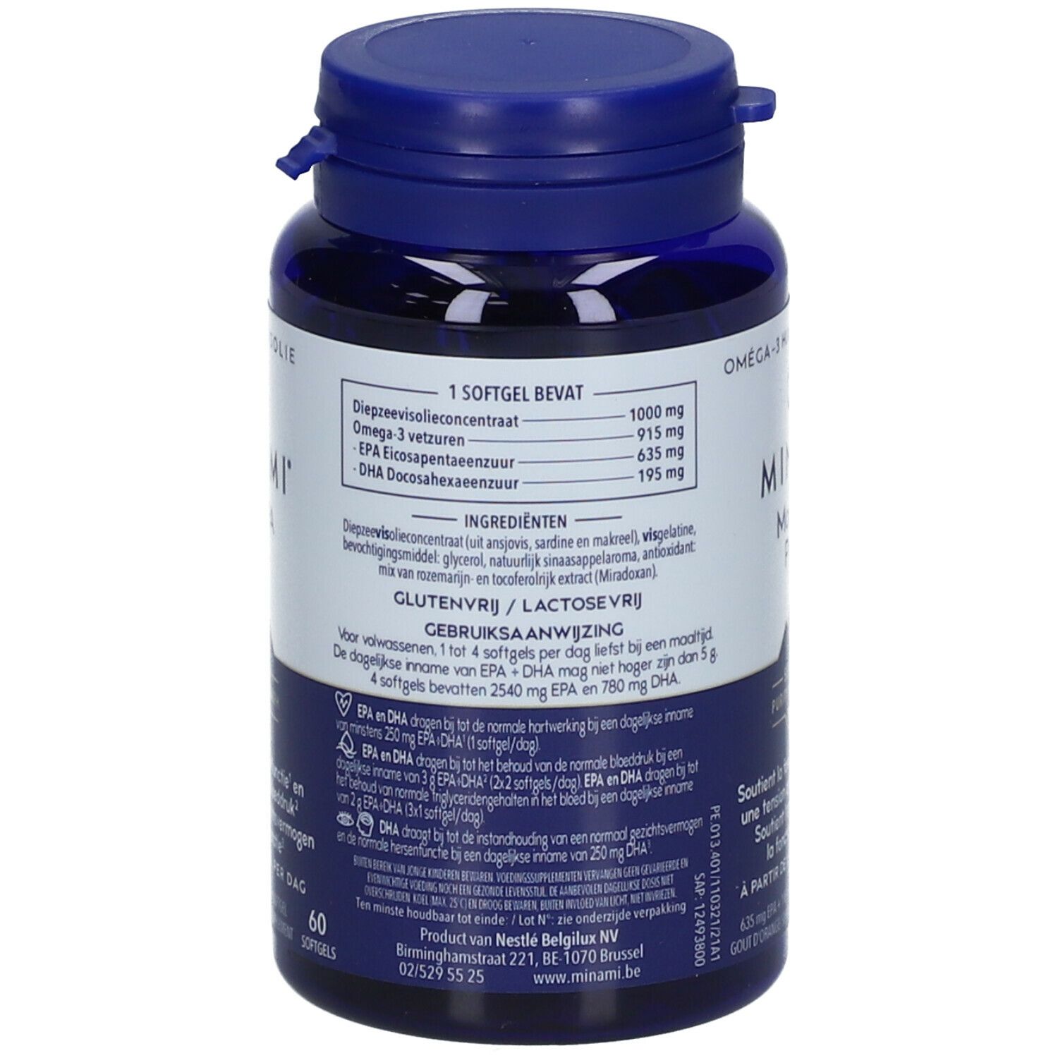 Dos du flacon bleu de gélules. Contient des informations sur les ingrédients et le dosage. Sans gluten et sans lactose.