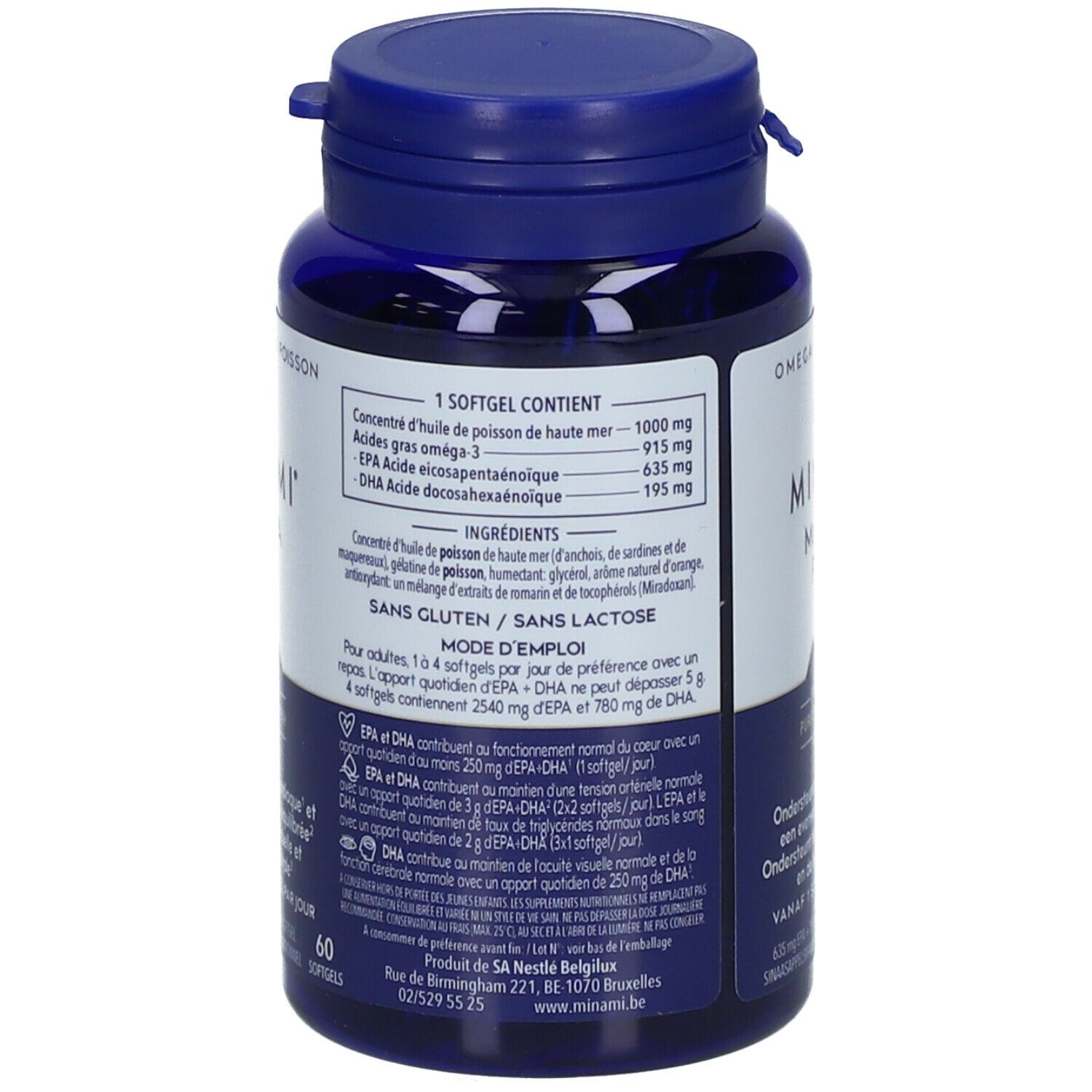 Dos du flacon bleu de gélules. Contient des informations sur les ingrédients et le dosage. Sans gluten et sans lactose.