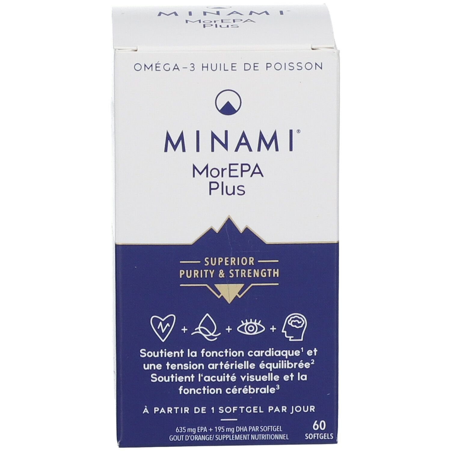 Emballage du produit. Inscription: MINAMI MorEPA Plus. Contient de l'huile de poisson Oméga-3. 60 gélules.