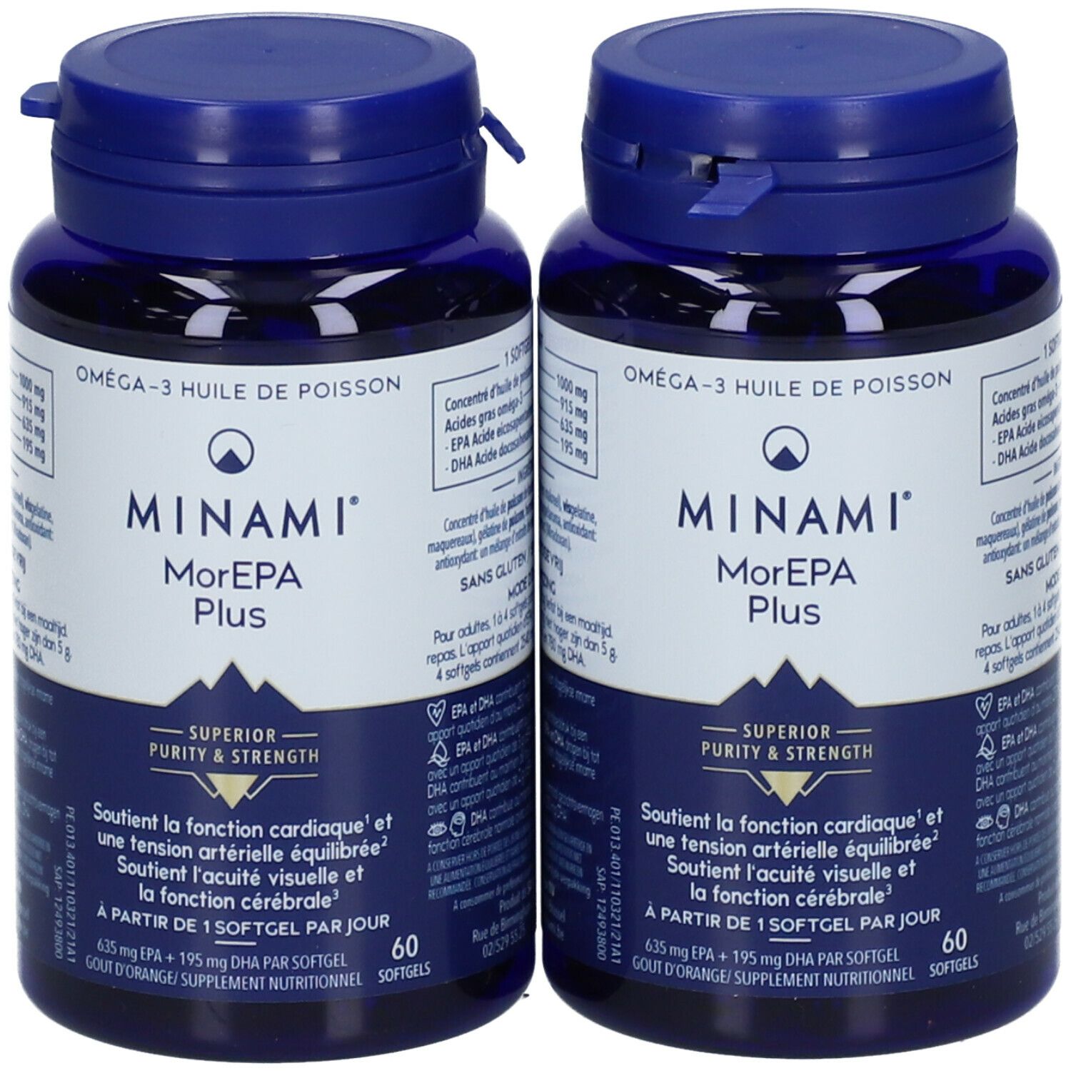 Zwei blaue Flaschen MINAMI® MorEPA Plus. Aufschrift: Omega-3 Huile de Poisson. 60 Softgels. Superior Purity & Strength.