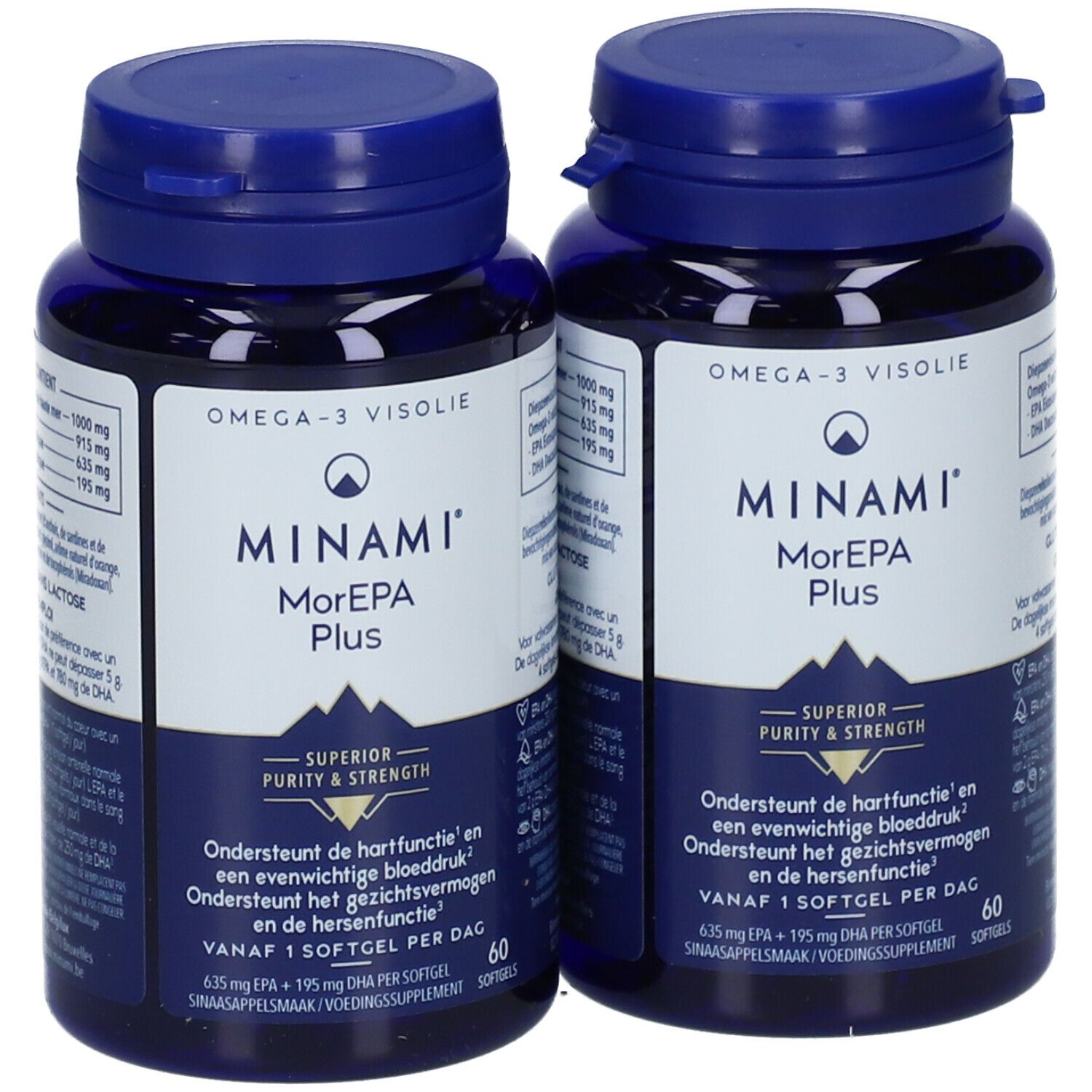 Zwei blaue Flaschen MINAMI® MorEPA Plus. Aufschrift: Omega-3 Visolie. 60 Softgels. Superior Purity & Strength.
