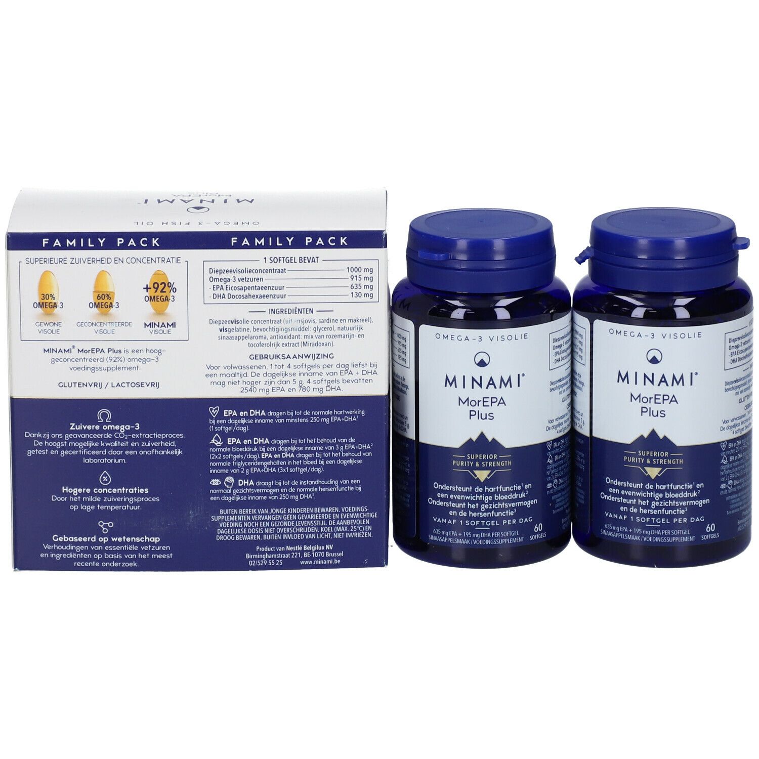 MINAMI® MorEPA Plus Family Pack. Enthält zwei Flaschen und eine Verpackung mit Produktinformationen und Inhaltsstoffen.