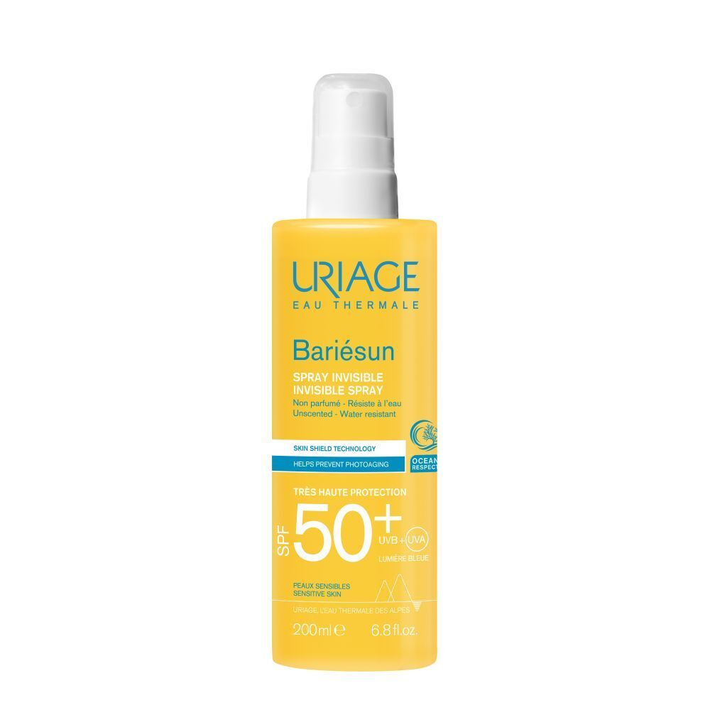 Gele fles met witte spraykop. Tekst: Uriage, Bariesun, Spray Invisible, SPF 50+. Waterbestendig.