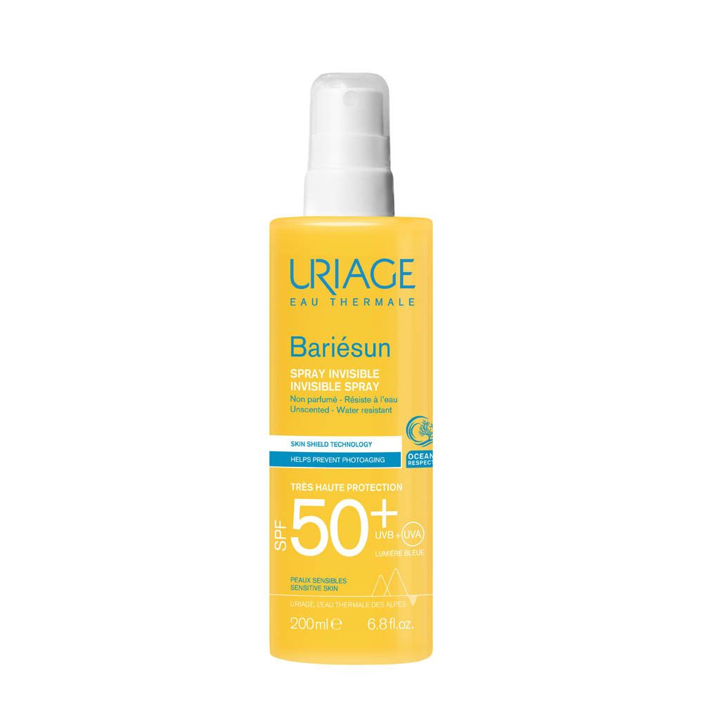 Flacon jaune avec vaporisateur blanc. Texte: Uriage, Bariesun, Spray Invisible, SPF 50+. Résistant à l'eau.