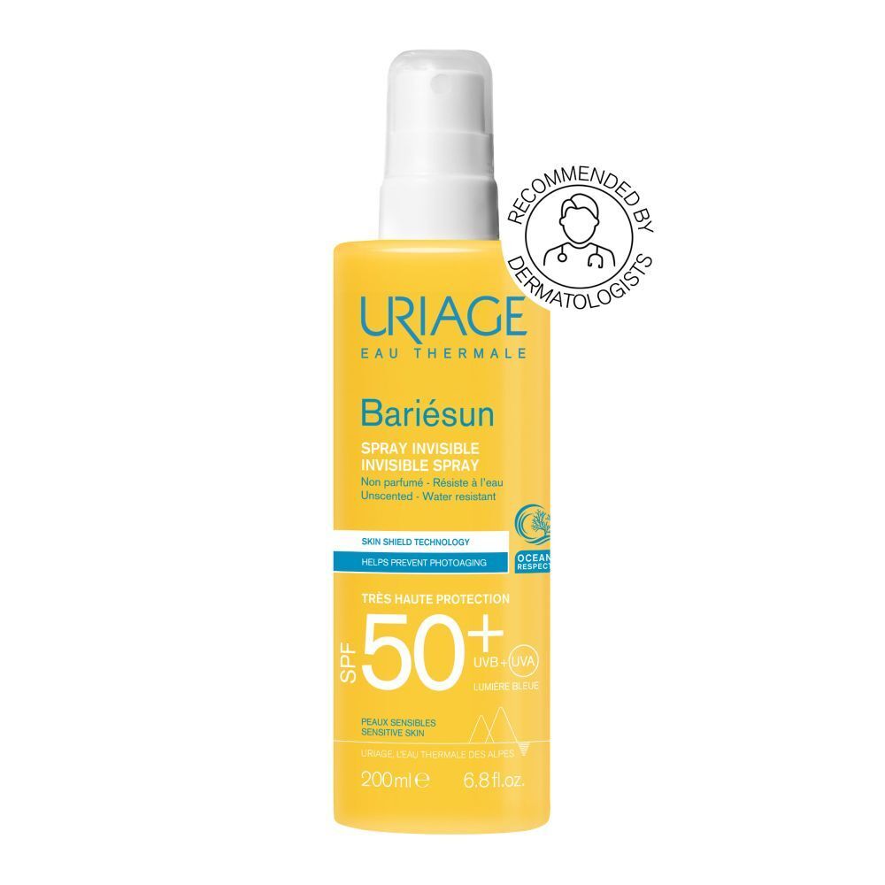 Gele fles met witte spraykop. Tekst: Uriage, Bariesun, Spray Invisible, SPF 50+. Waterbestendig.