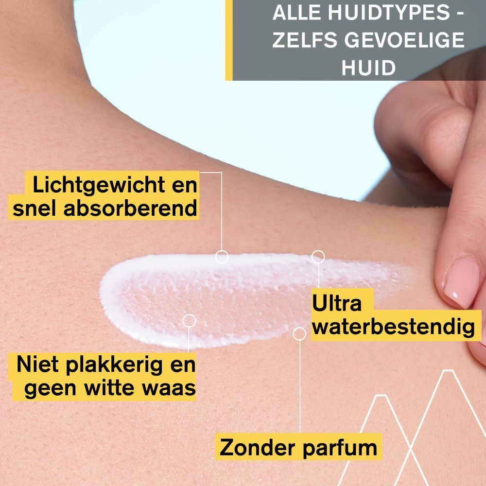 Close-up crème op huid. Tekst: Lichtgewicht, snel absorberend, niet plakkerig, zonder parfum, waterbestendig.