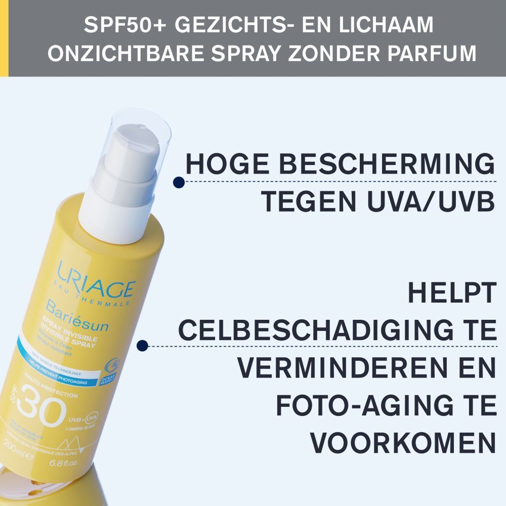 Close-up fles en tekst. Tekst: Hoge bescherming UVA/UVB, helpt celbeschadiging te verminderen, anti-aging.