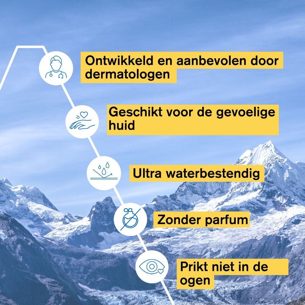Tekst: Ontwikkeld en aanbevolen door dermatologen. Geschikt voor gevoelige huid. Waterbestendig, zonder parfum.