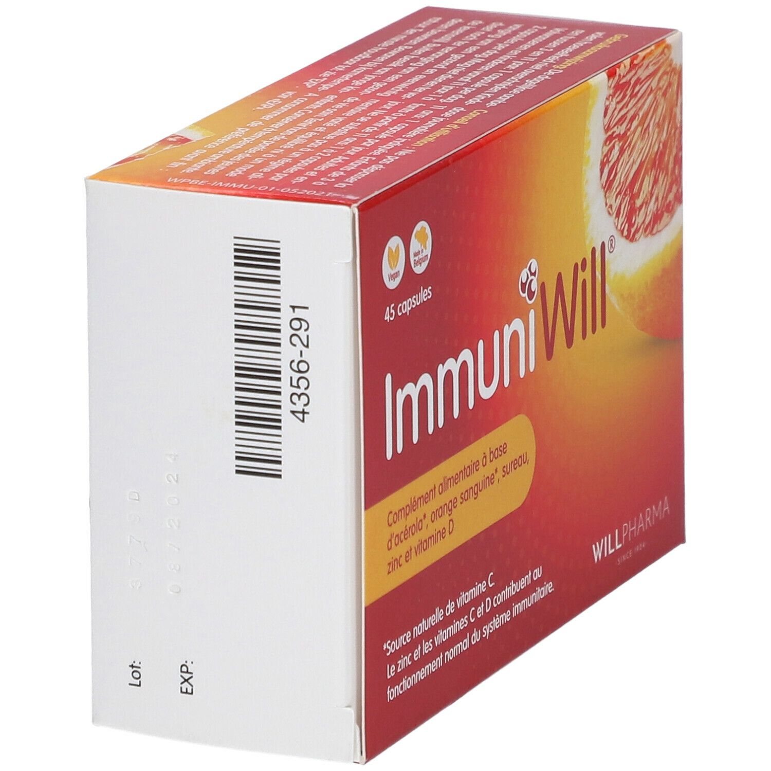 Doos ImmuniWill, 45 capsules. Bevat acerola, bloedsinaasappel, vlierbes, zink en vitamine D. Vegan.