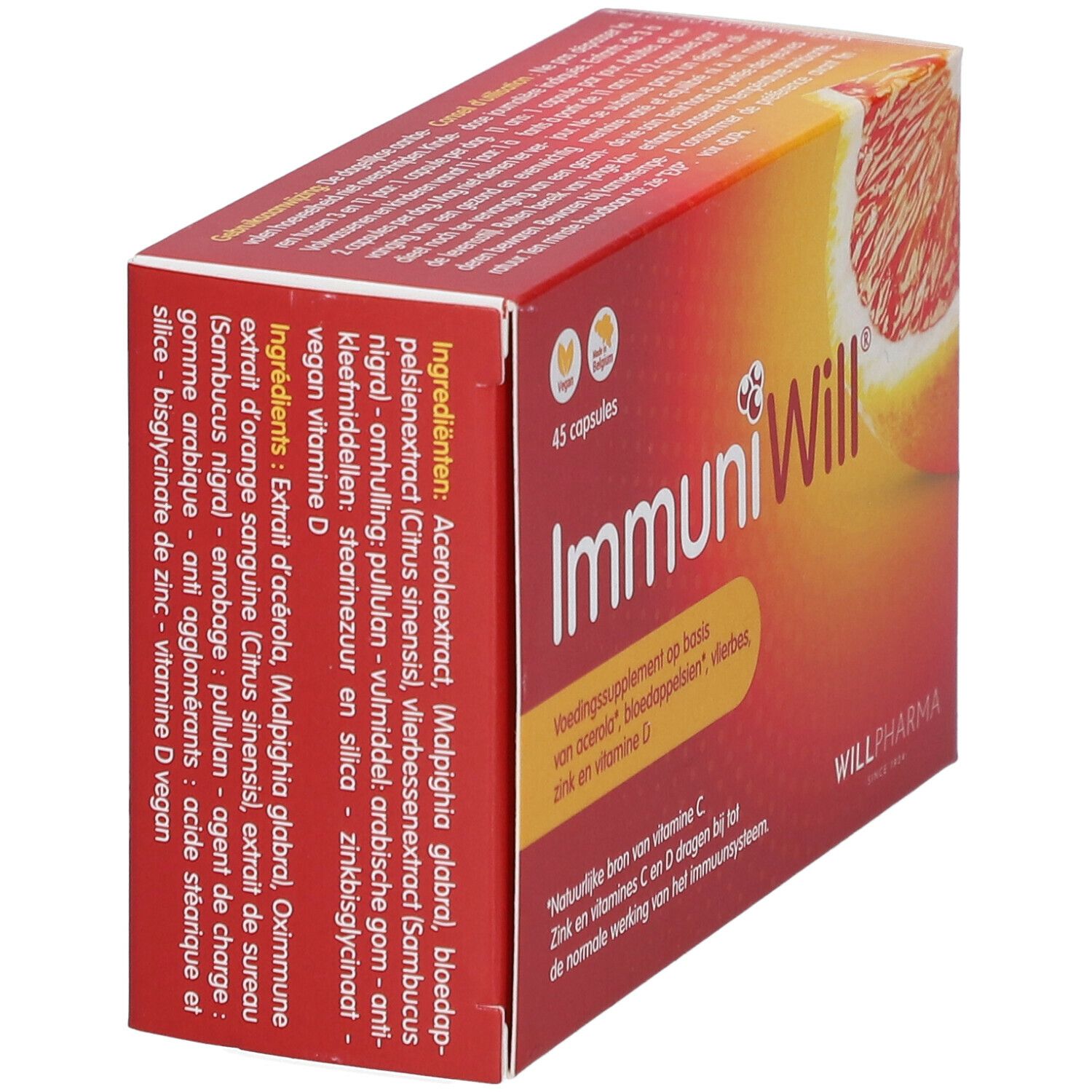 Doos ImmuniWill, 45 capsules. Bevat acerola, bloedsinaasappel, vlierbes, zink en vitamine D. Vegan.