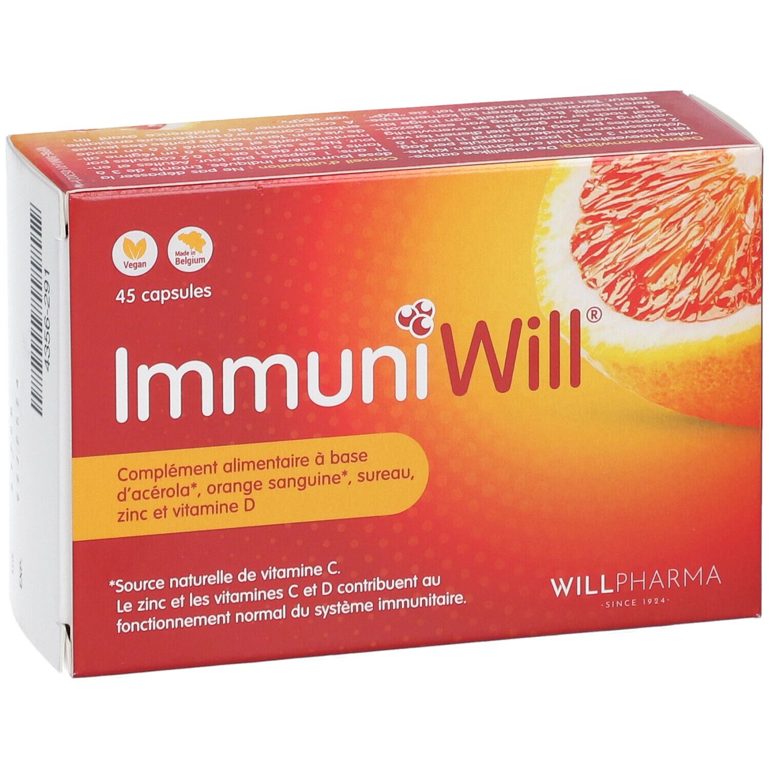 Rode doos ImmuniWill, 45 capsules. Bevat acerola, bloedsinaasappel, vlierbes, zink en vitamine D. Vegan.