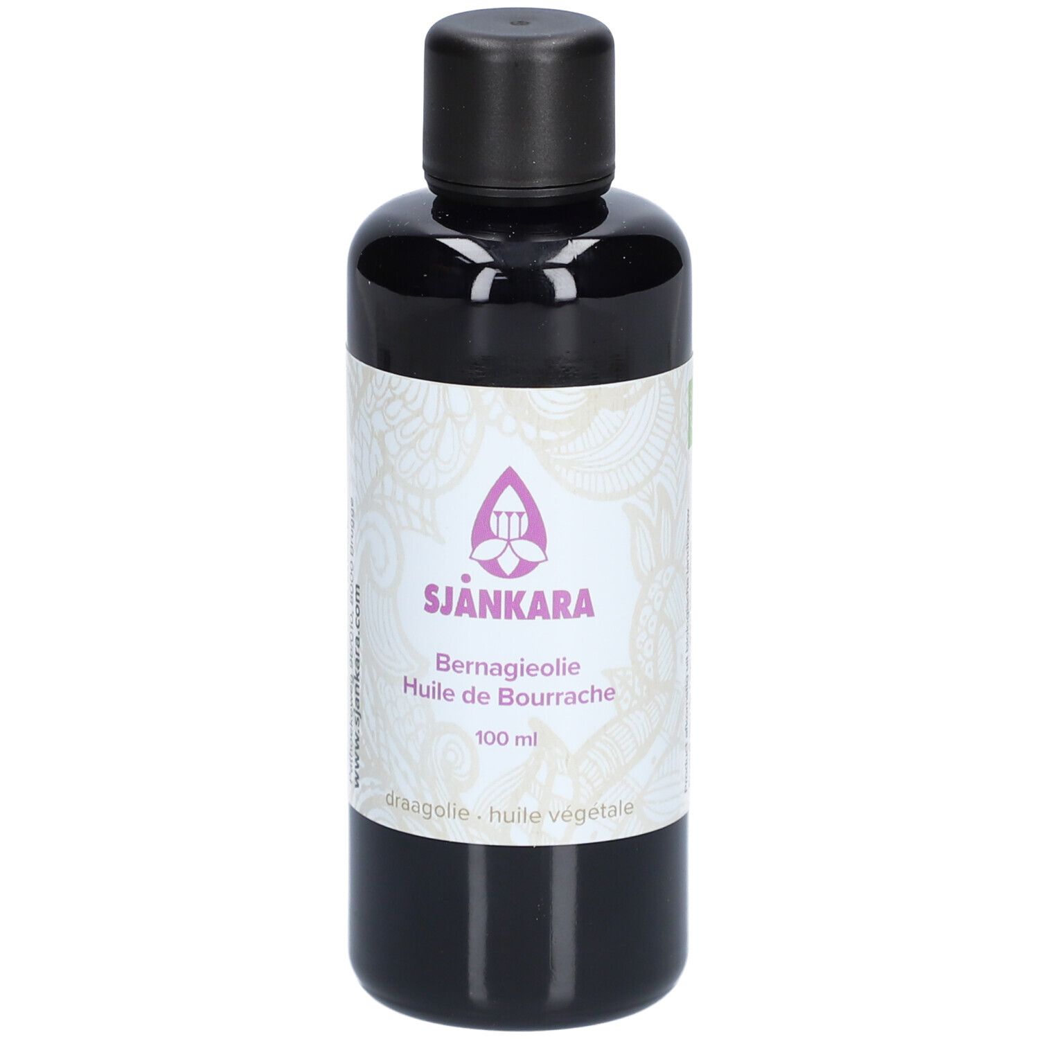 Zwarte fles met zwarte dop. Etiket met productnaam, logo en tekst. 100 ml.