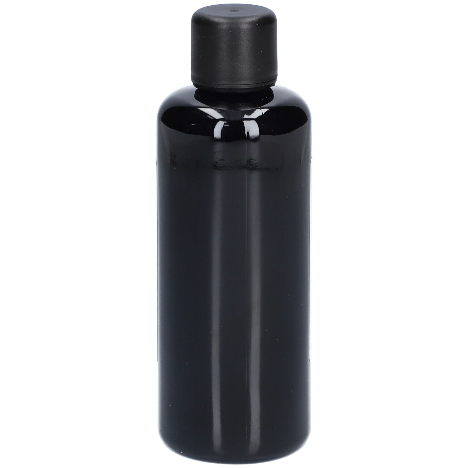 Zwarte fles met zwarte dop. Cilindrische vorm.