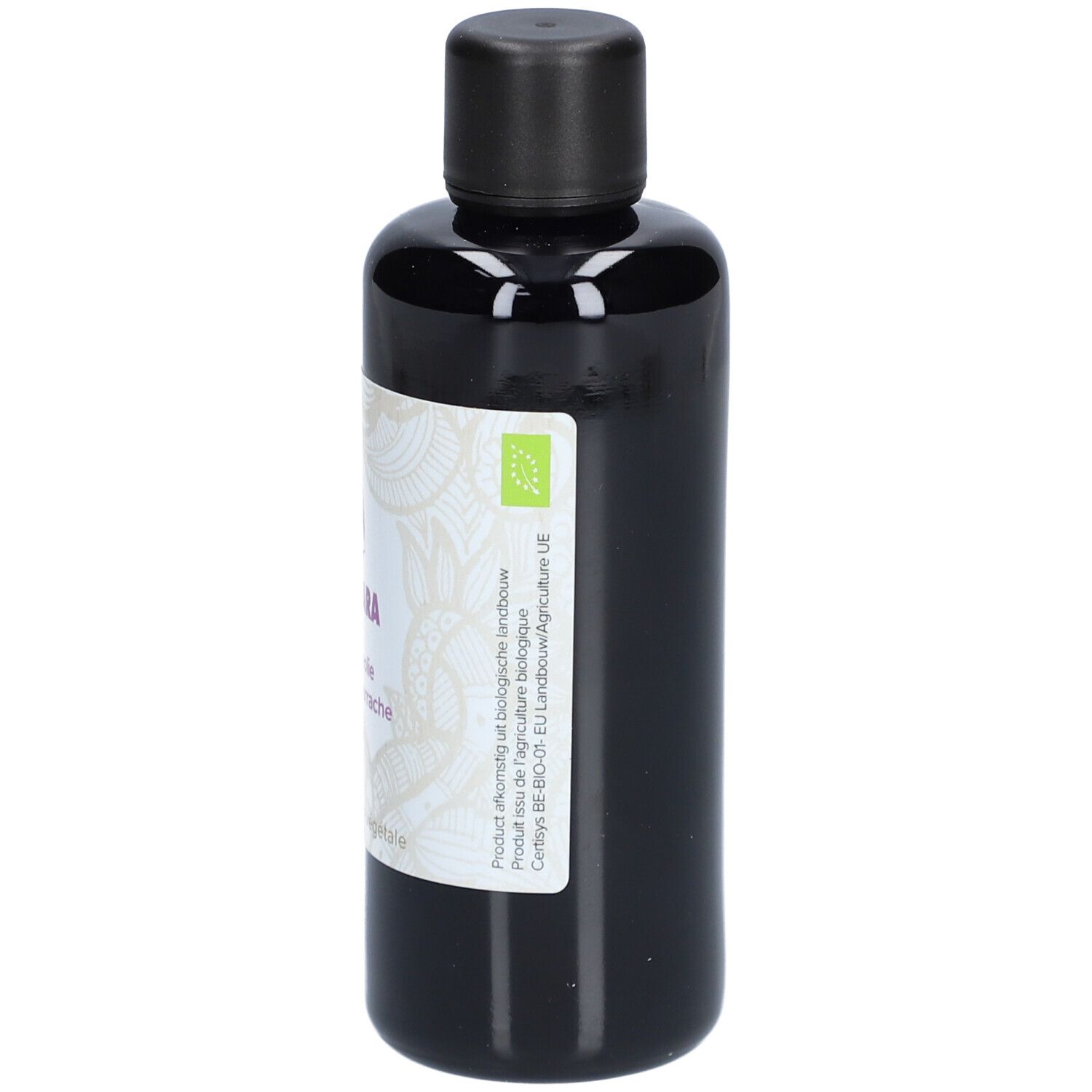 Zwarte fles met zwarte dop. Etiket met biologisch keurmerk en tekst.