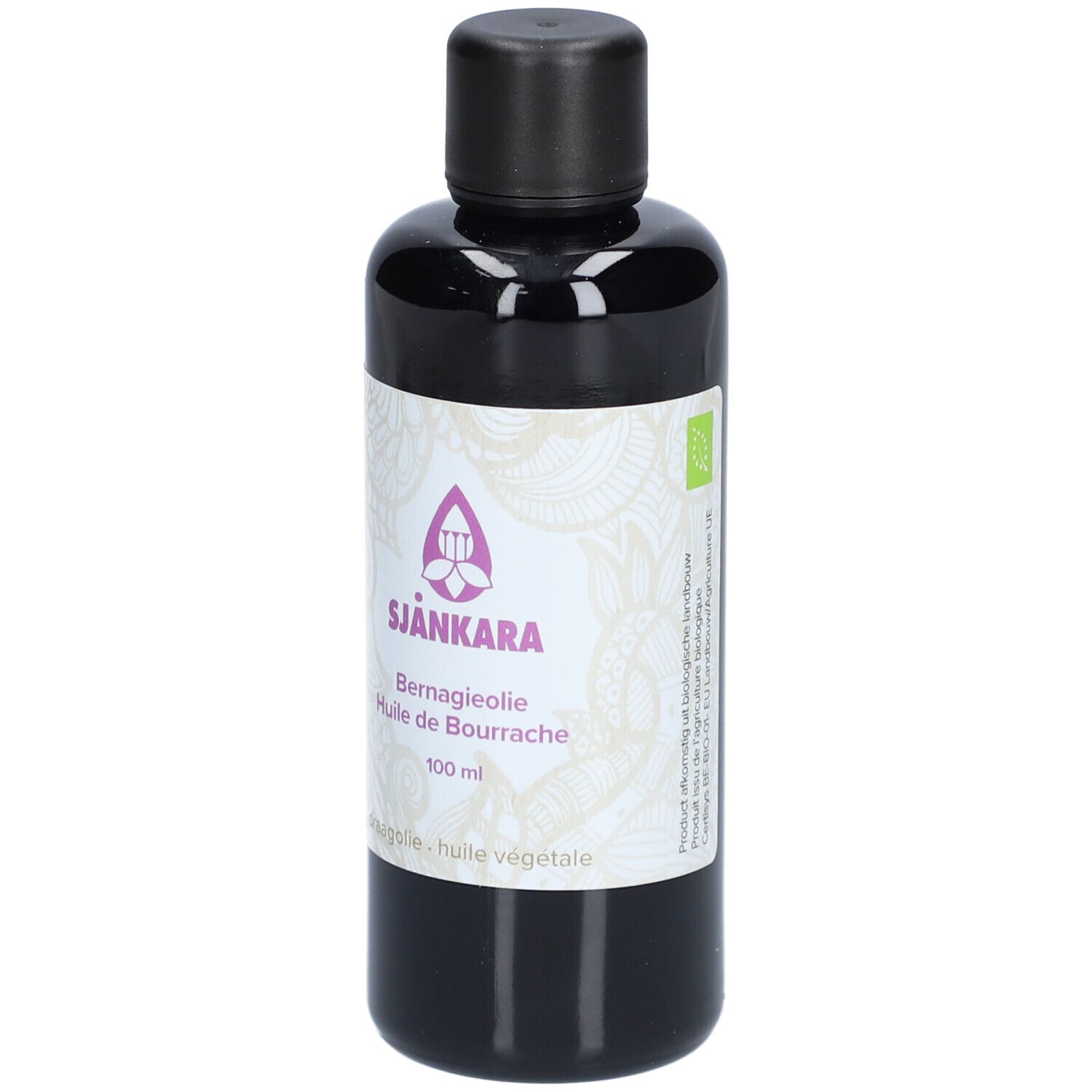 Zwarte fles met zwarte dop. Etiket met naam, logo en tekst. 100 ml.