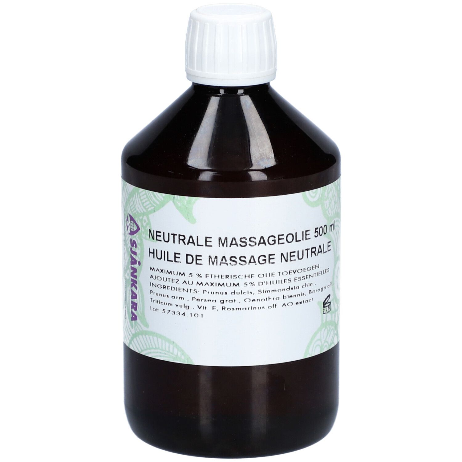 Bruine fles met witte dop. Etiket met tekst: Neutrale massageolie, Sjankara. 500 ml.