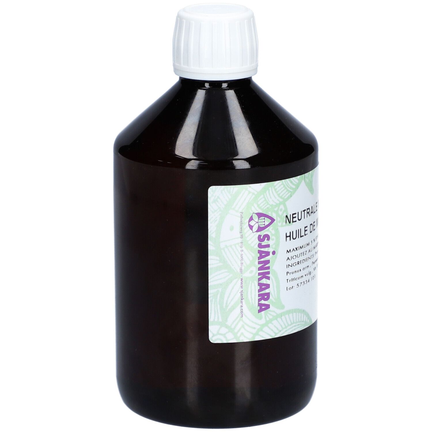 Bruine fles met witte dop. Etiket met tekst: Neutrale massageolie, Sjankara.