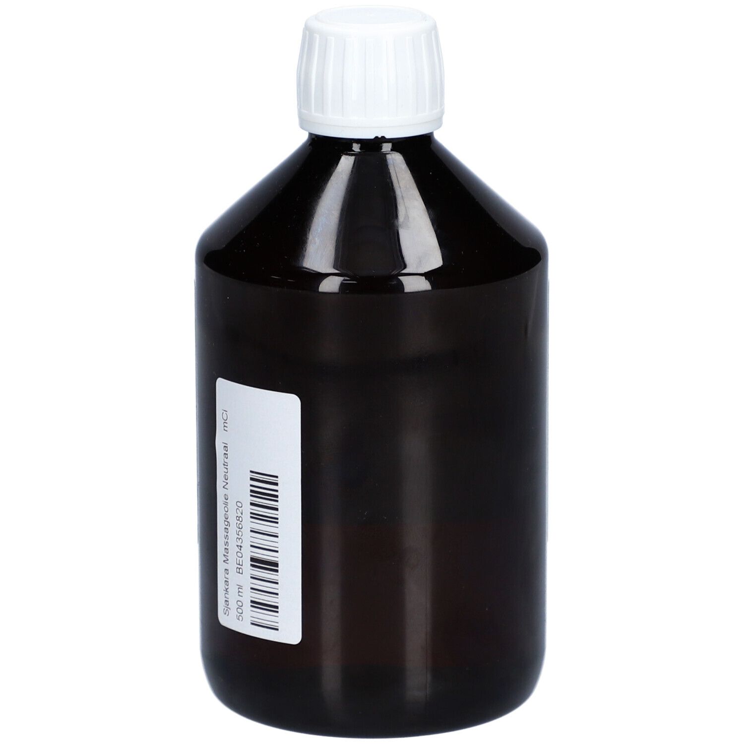 Bruine fles met witte dop. Etiket met tekst: Massageolie, 500 ml.