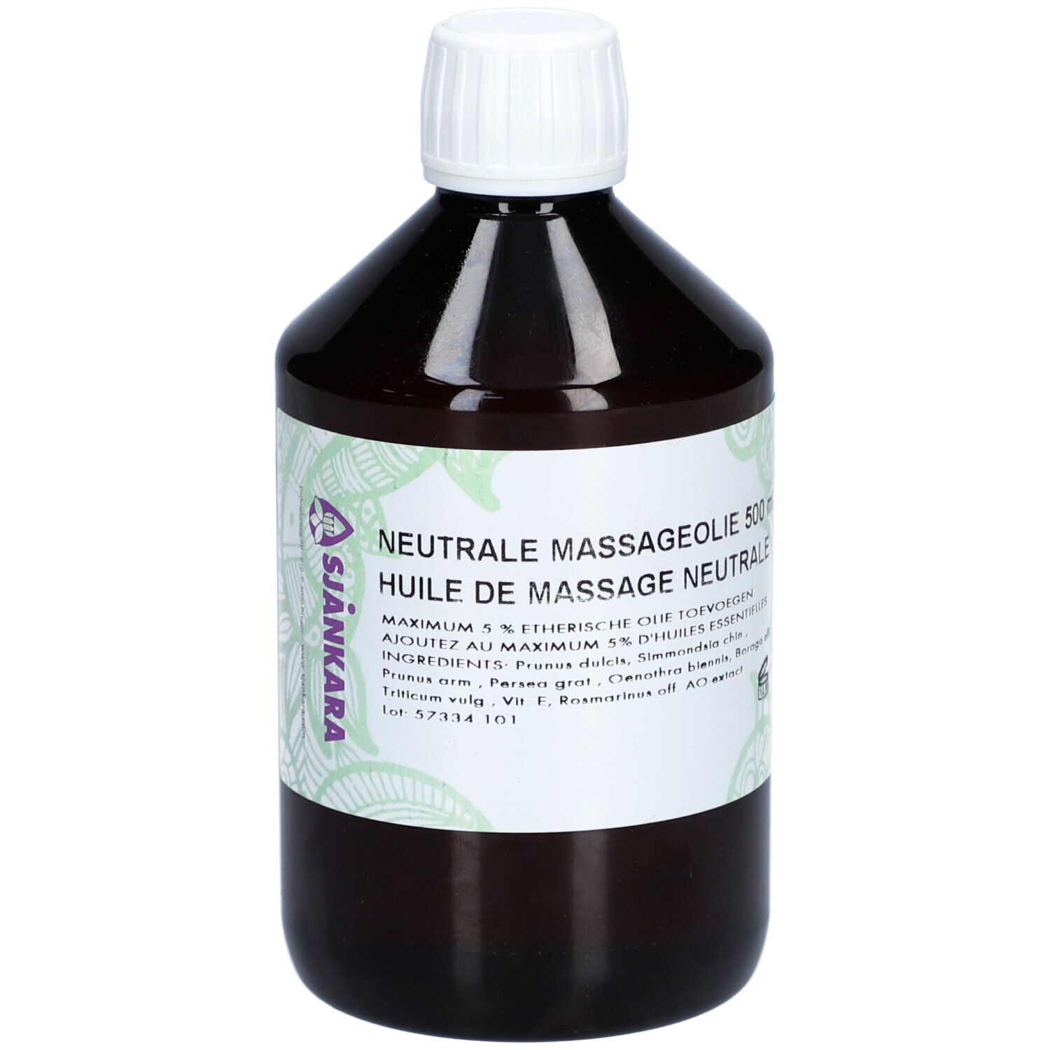 Bruine fles met witte dop. Etiket met tekst: Neutrale massageolie, Sjankara. 500 ml.