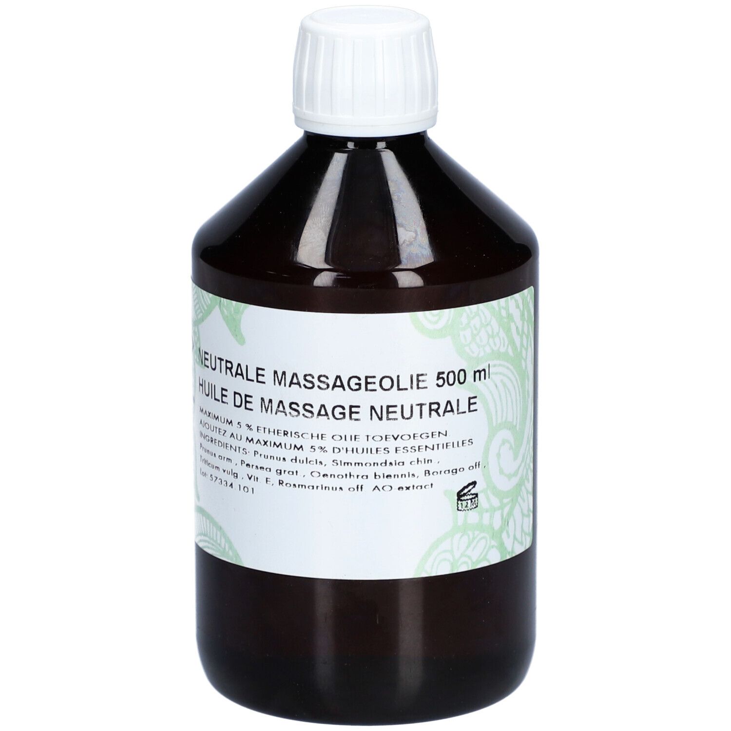 Bruine fles met witte dop. Etiket met tekst: Neutrale massageolie, Sjankara. 500 ml.