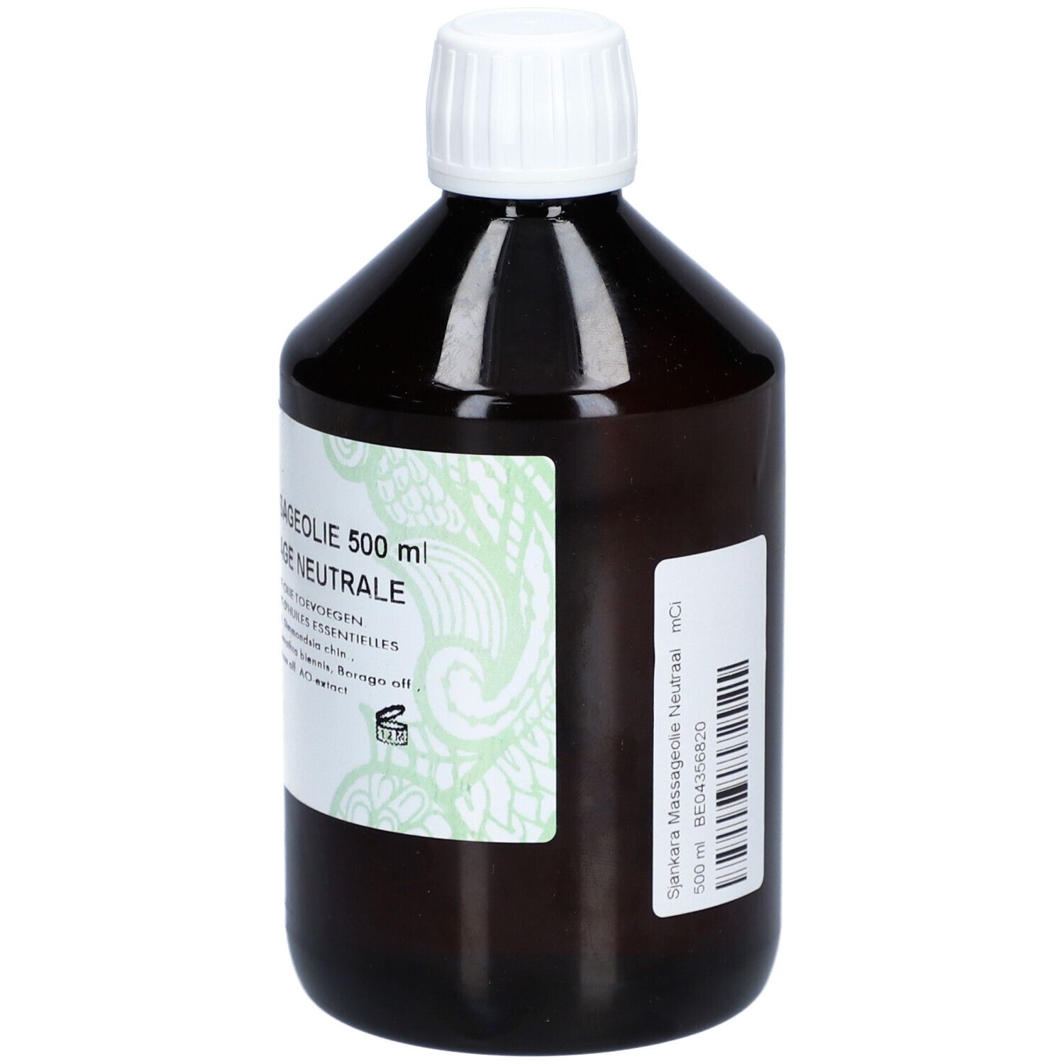 Bruine fles met witte dop. Etiket met tekst: Massageolie, Sjankara. 500 ml.
